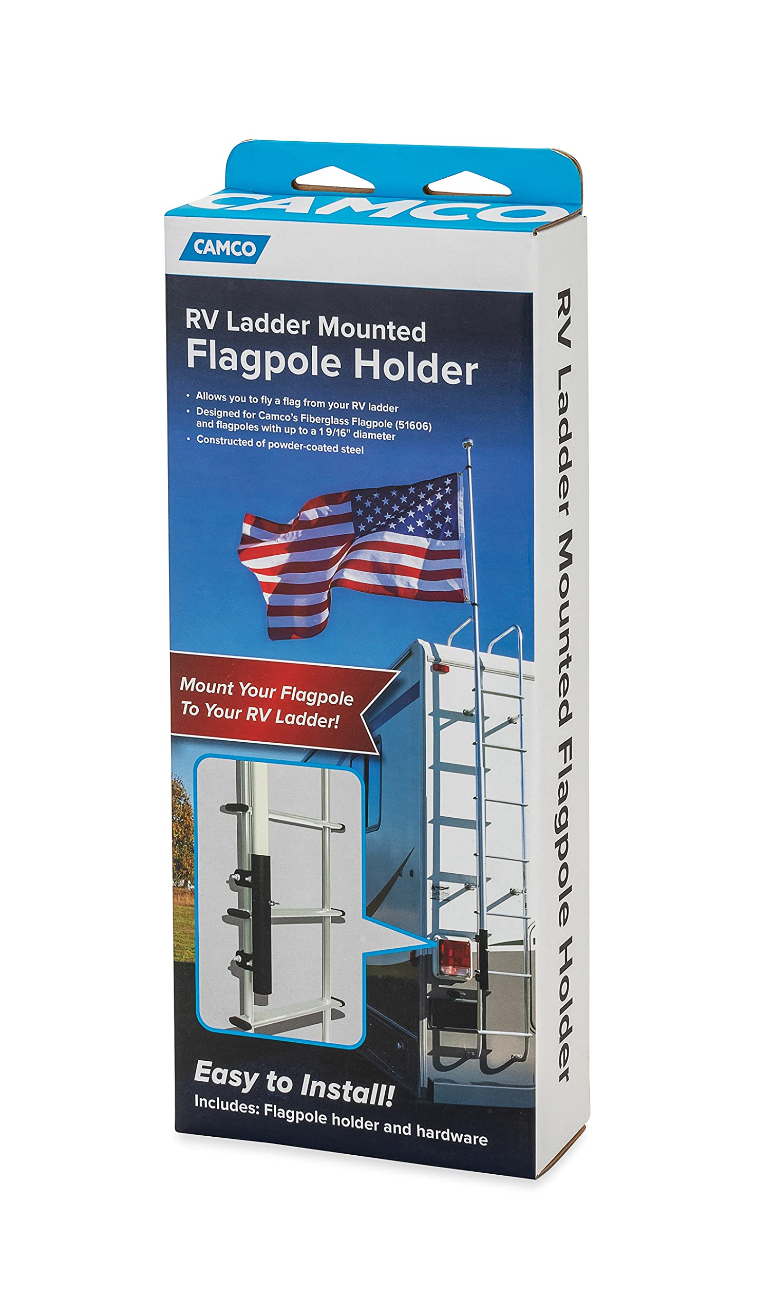 Camco Flagpole Holder RV Ladder Mounted | For a Flag to Fly from Your RV's Ladder | Compatible with Most RV Ladder Rails (51612), Black