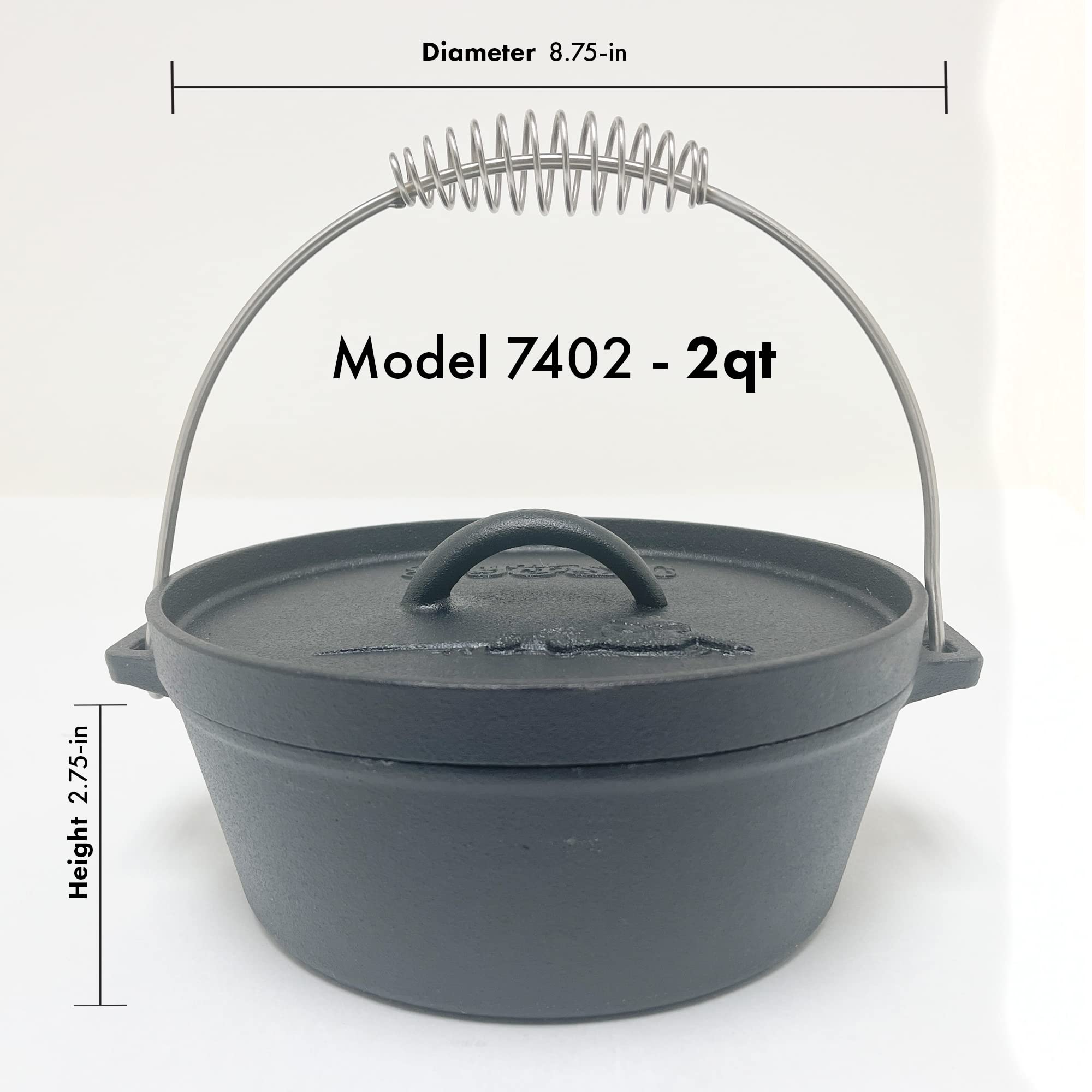 Bayou Classic 2-qt Cast Iron Dutch Oven Features Flanged Camp Lid Stainless Coil Wire Handle Grip Perfect To Use Over A Campfire To Prepare One-Pot Meals Bake Cornbread Biscuits or Cobbler