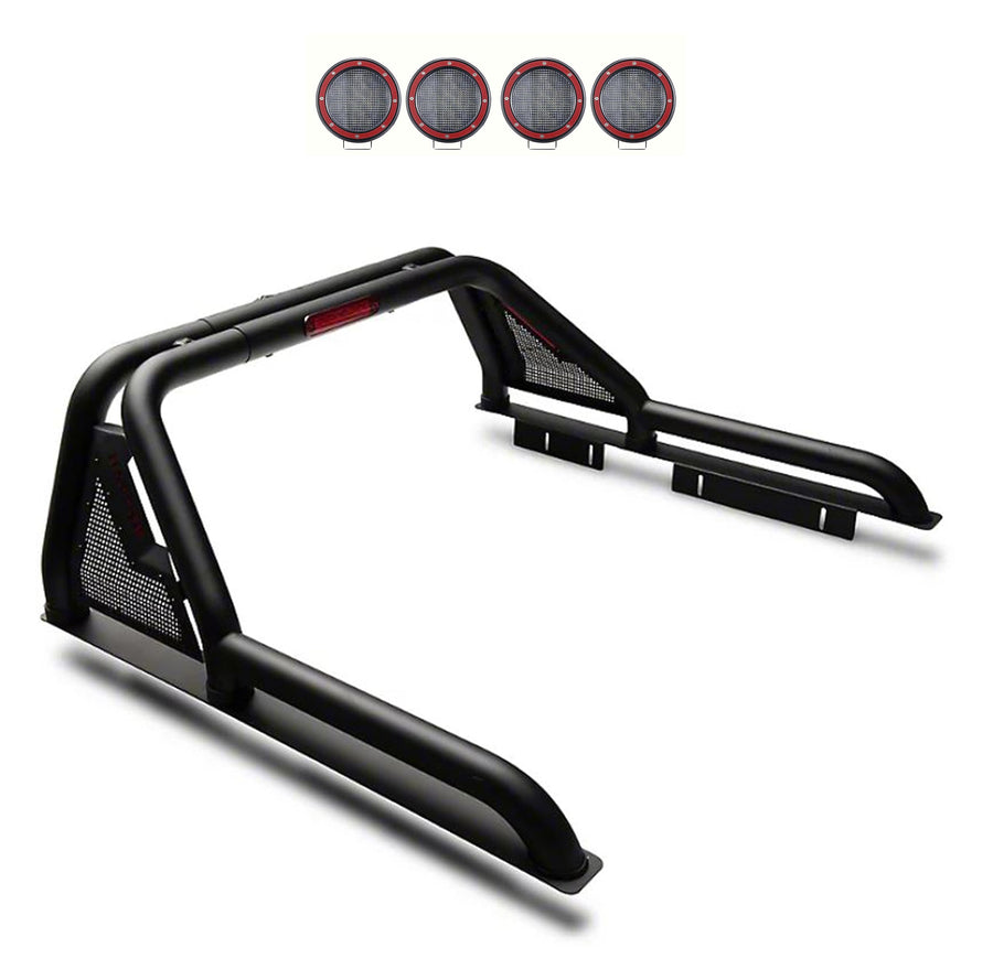 Gladiator Black Horse Roll Bar Incl. Set of 5.3" Dia.Led Lights w/Red Trim Rings Modular Compatible with 2015-2024 GMC Canyon|2015-2024 Chevrolet Colorado|2015-2024 Toyota Tacoma-GLRB-03B-PLFR