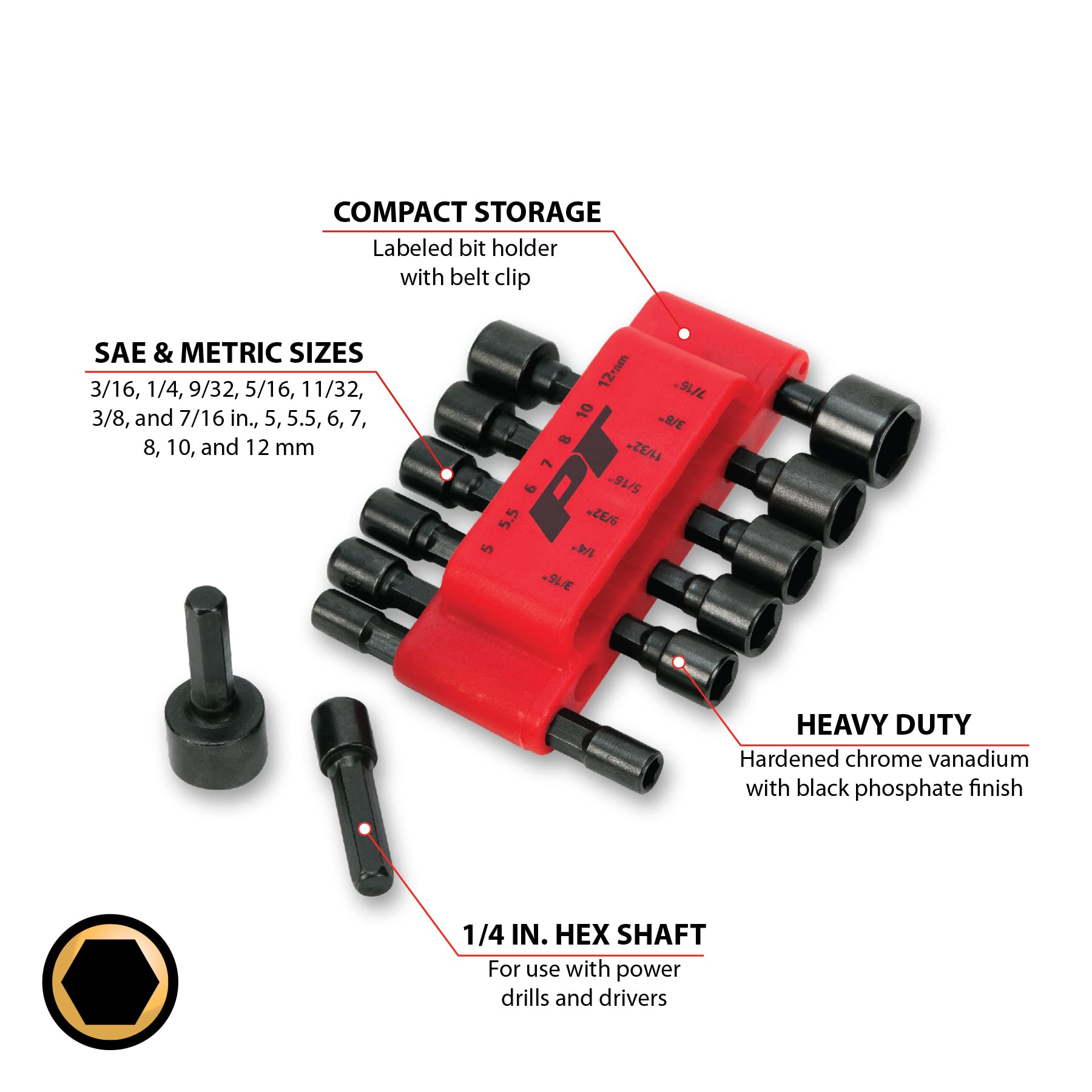 W473 Performance Tool Compact Bit Holder with Belt Clip - Hardened Chrome Vanadium with Black Phosphate Finish - 14 Sizes Included