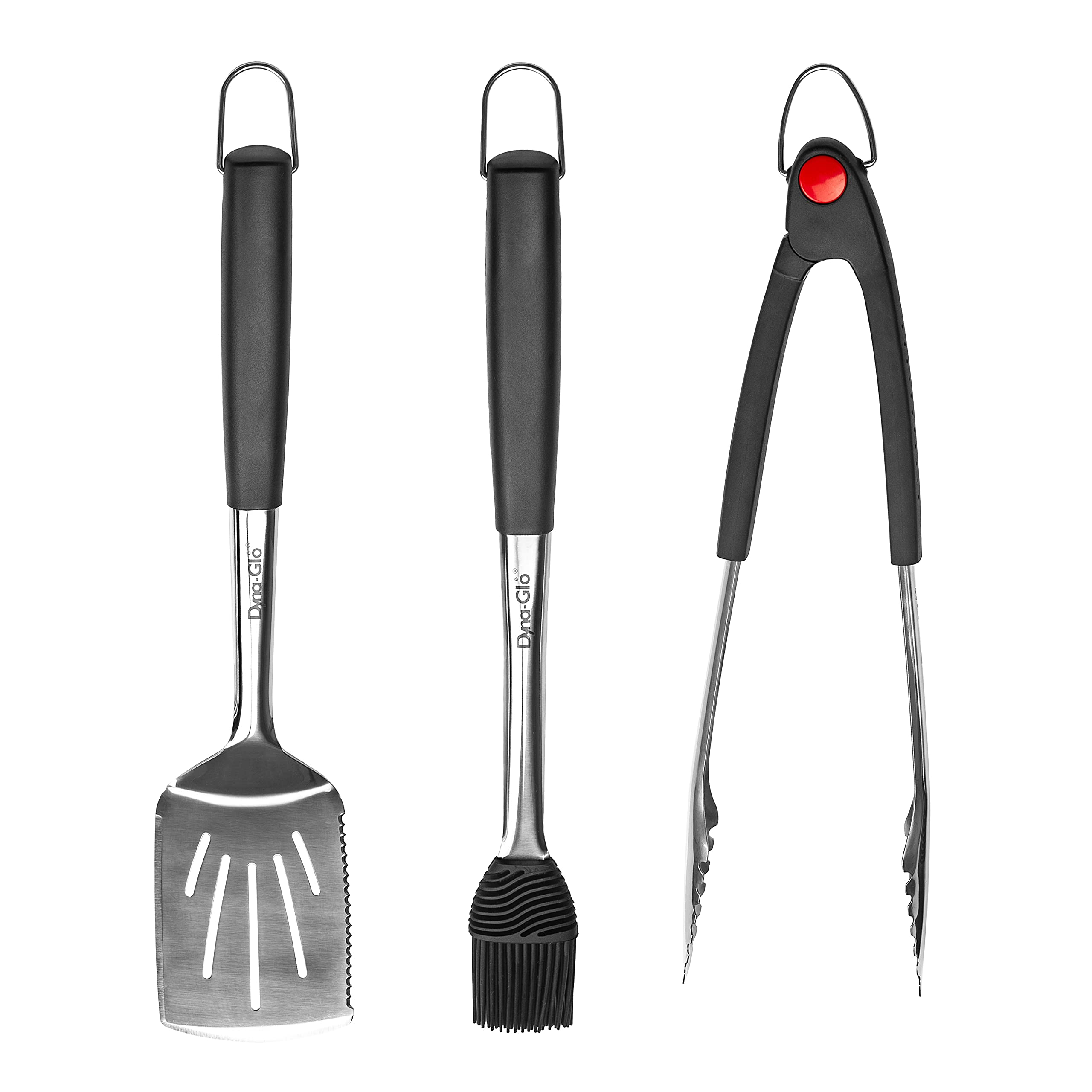 3PC Dyna Glo Stainless Steel and Silicone Soft Touch Handles - Spatula, Basting Brush, Tongs