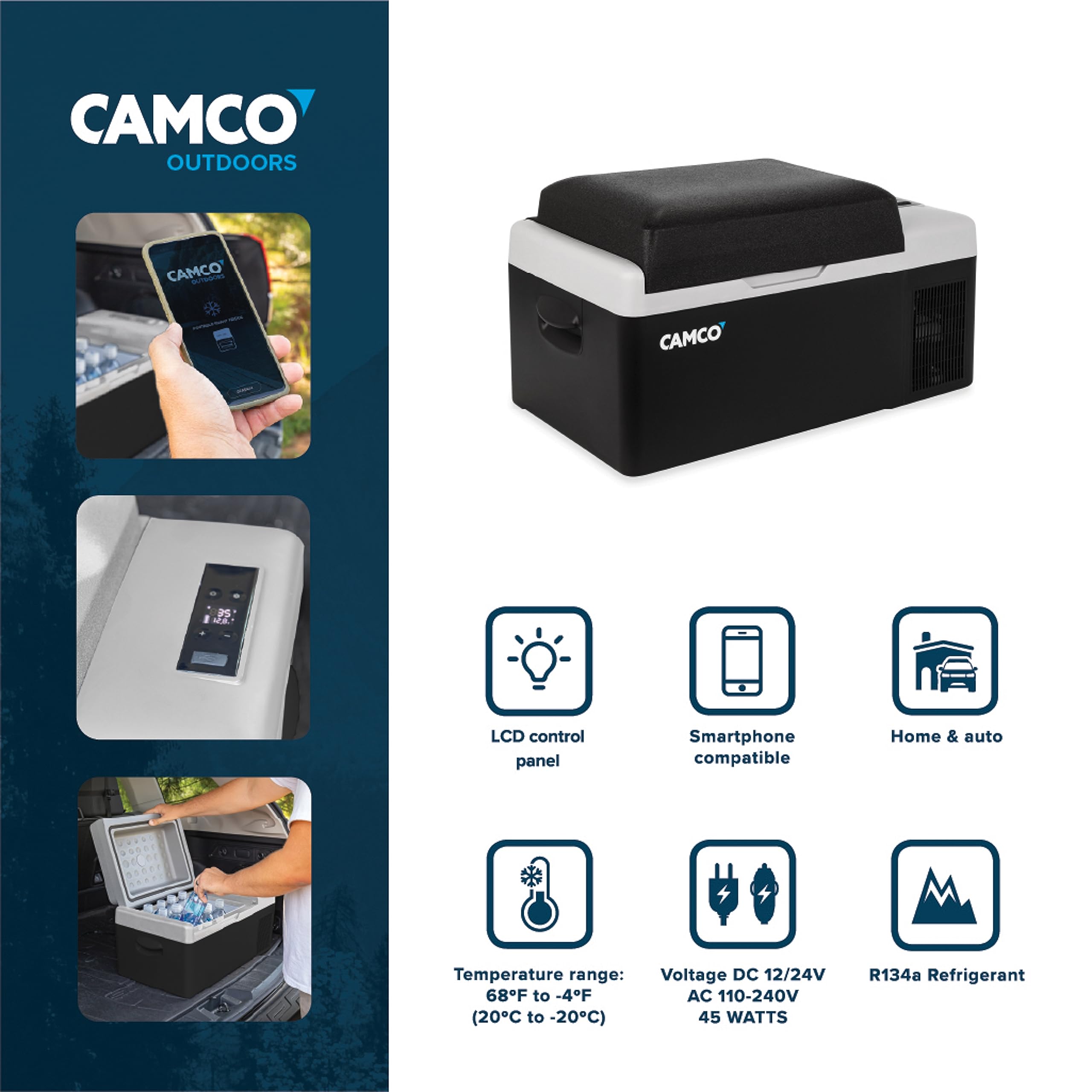 Camco 20-Liter Portable Compact Fridge/Freezer CAM-200 | Features Bluetooth Capable Remote Access & 1 Compartment w/Single Zone Cooling | Adjusts from -4° F to 68° w/2 Cooling Modes ECO & MAX (51510)