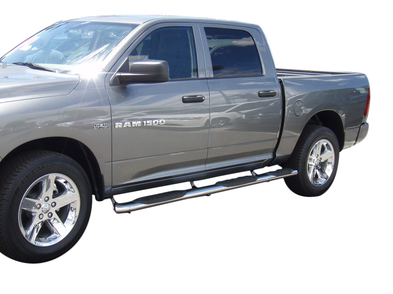 Running Boards Truck Fits Ram 1500 Crew Cab 8 Foot Bed 2011-2018 Oval 5 Inch Side Bars with Bed Step - Polished Stainless Steel, Rocker Panel Mount, with Step Pads, Welded End Caps TrailFX A7062S