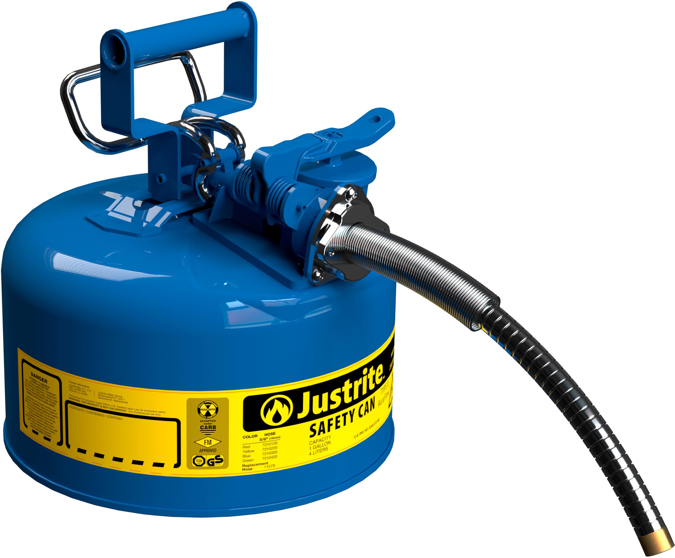 Justrite 1 Gallon Blue Type II Safety Can for Kerosene with Flame Arrester, Self-Closing Lid, and 5/8" Flexible Metal Spout, Made in the USA, Galvanized Steel Flammable Storage Can, 7210320
