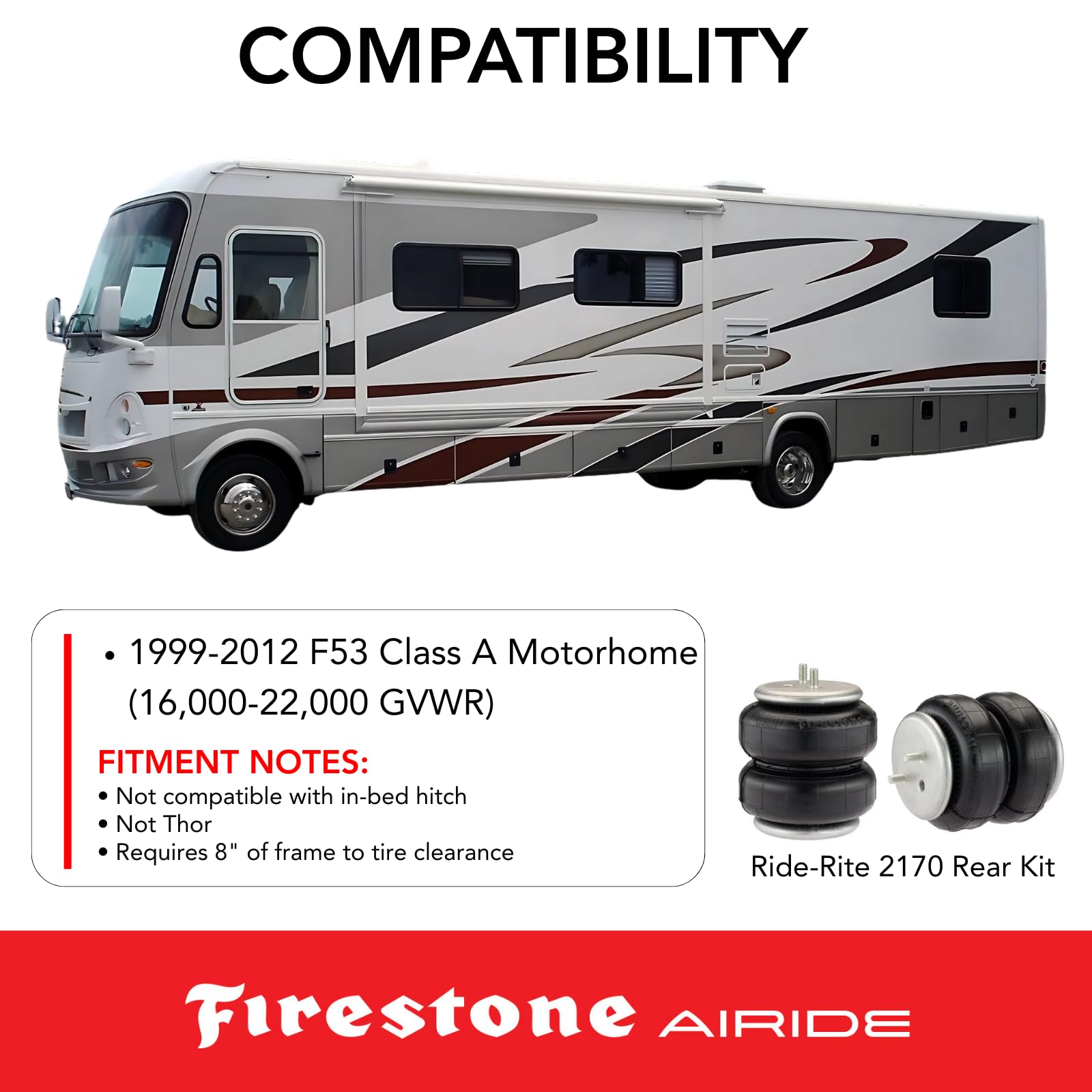 Firestone 2170 Airide Ride-Rite Rear Air Springs Kit fits 1999-2012 F53 Class A Motorhome | 5-100 PSI | Load Capacity of 5,000 Pounds | Easy Installation