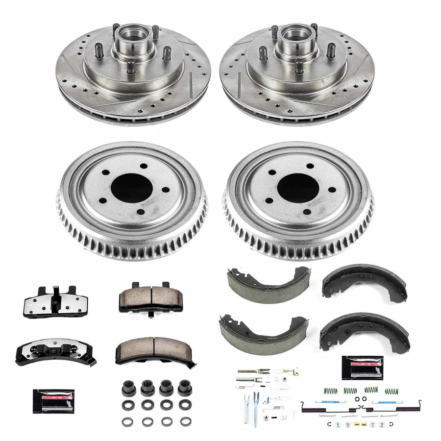 Power Stop Brake Kit Front and Rear For 1995 1996 1997 1998 1999 Chevrolet C1500 - Truck & Tow Carbon Fiber Ceramic Pads, Drums, & Drilled and Slotted Rotors Replacement, K15138DK-36