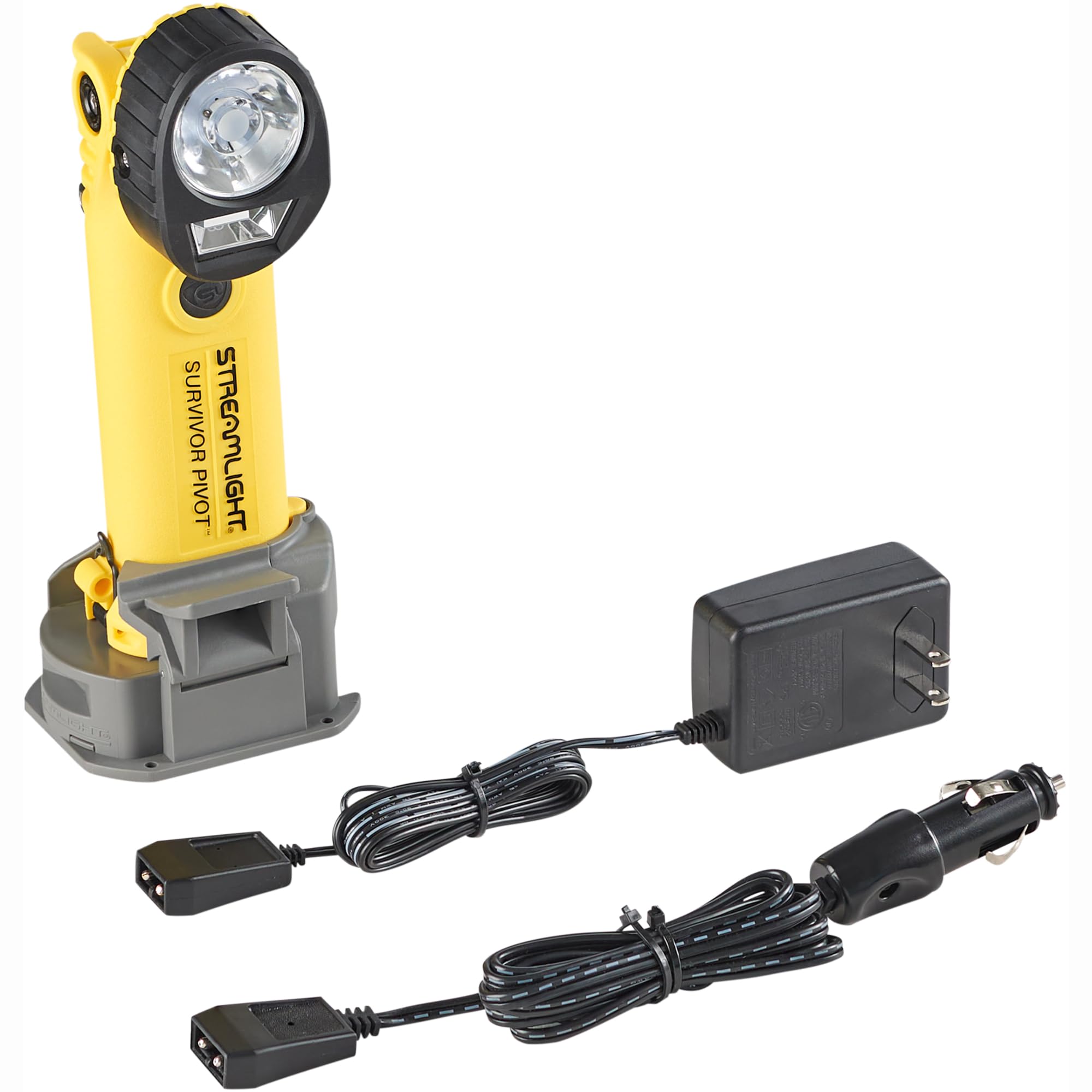 Streamlight Survivor 91831 Pivot 325-Lumen Right Angle Articulating Dual Beam Rechargeable Flashlight with 120V/100V AC/12V DC, Magnet and Clip, Yellow
