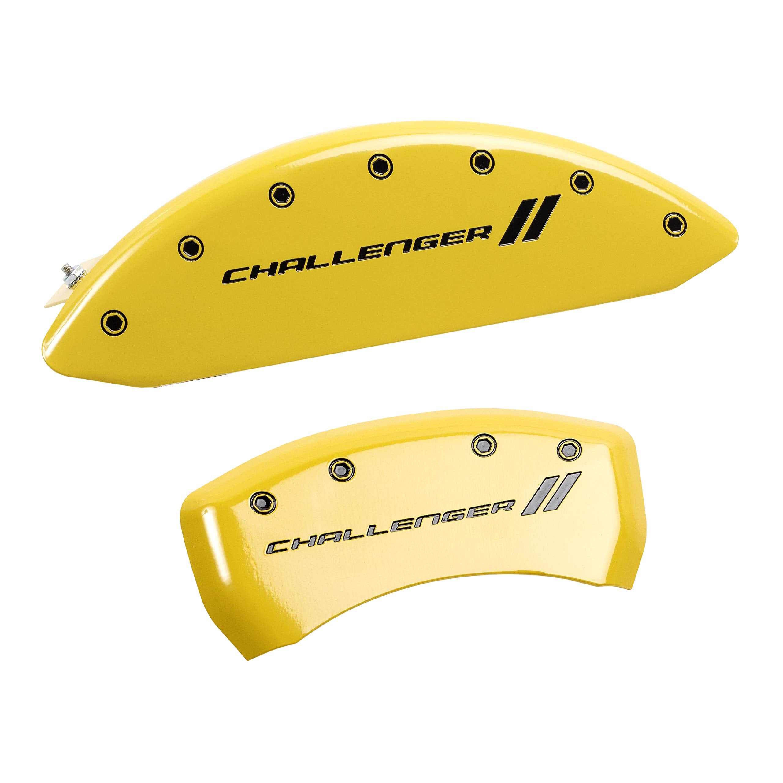 Brake Caliper Covers for 2011-2023 Dodge Challenger & 2011-2023 Dodge Charger - MGP Caliper Covers (Requires Dual Piston Front Caliper) Front and Rear Set - Engraved CHALLENGER // Logo (Yellow)