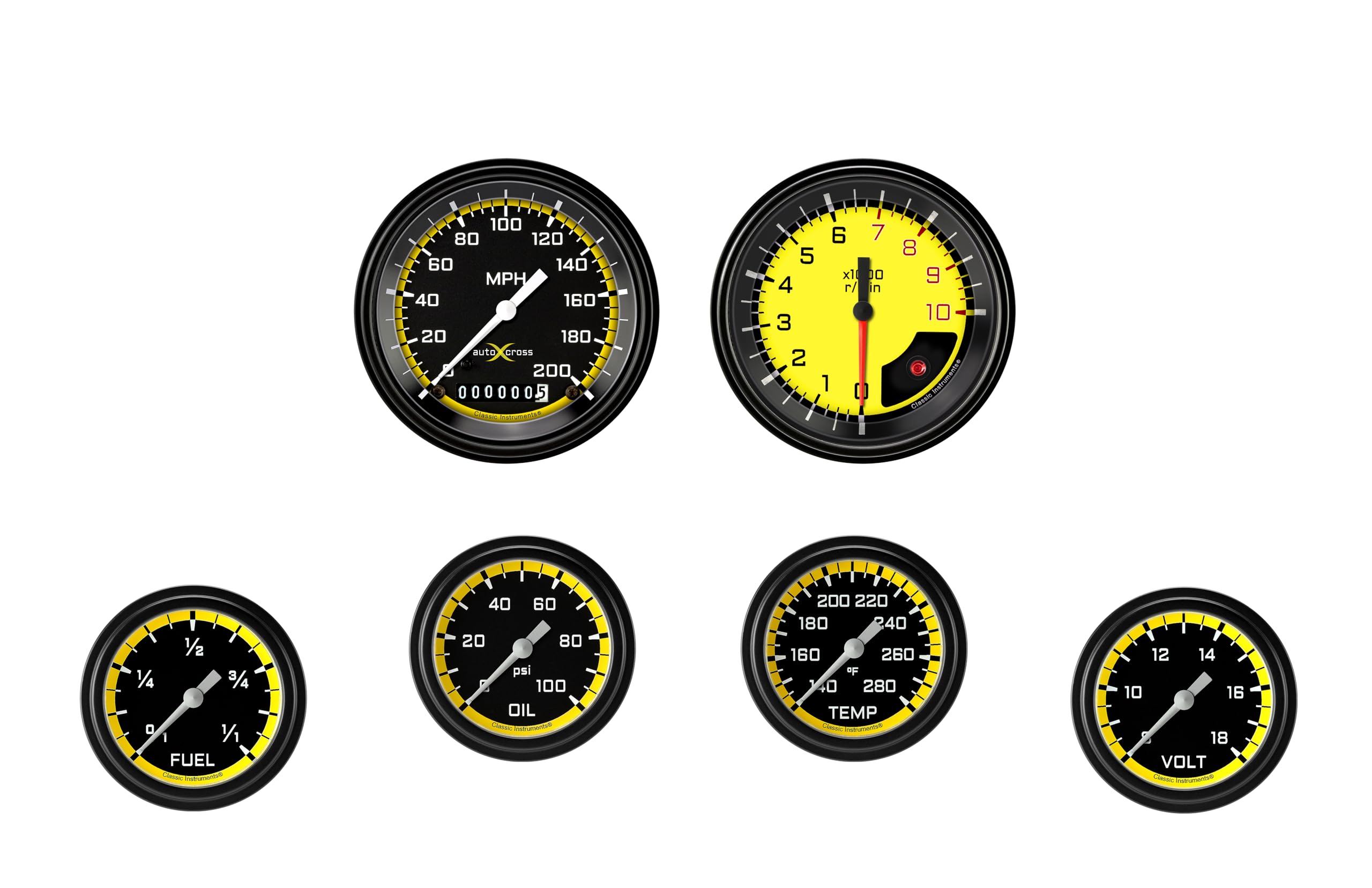 AX301YBLF Classic Instruments Autocross Yellow Full Sweep 6 Gauge Set - GM