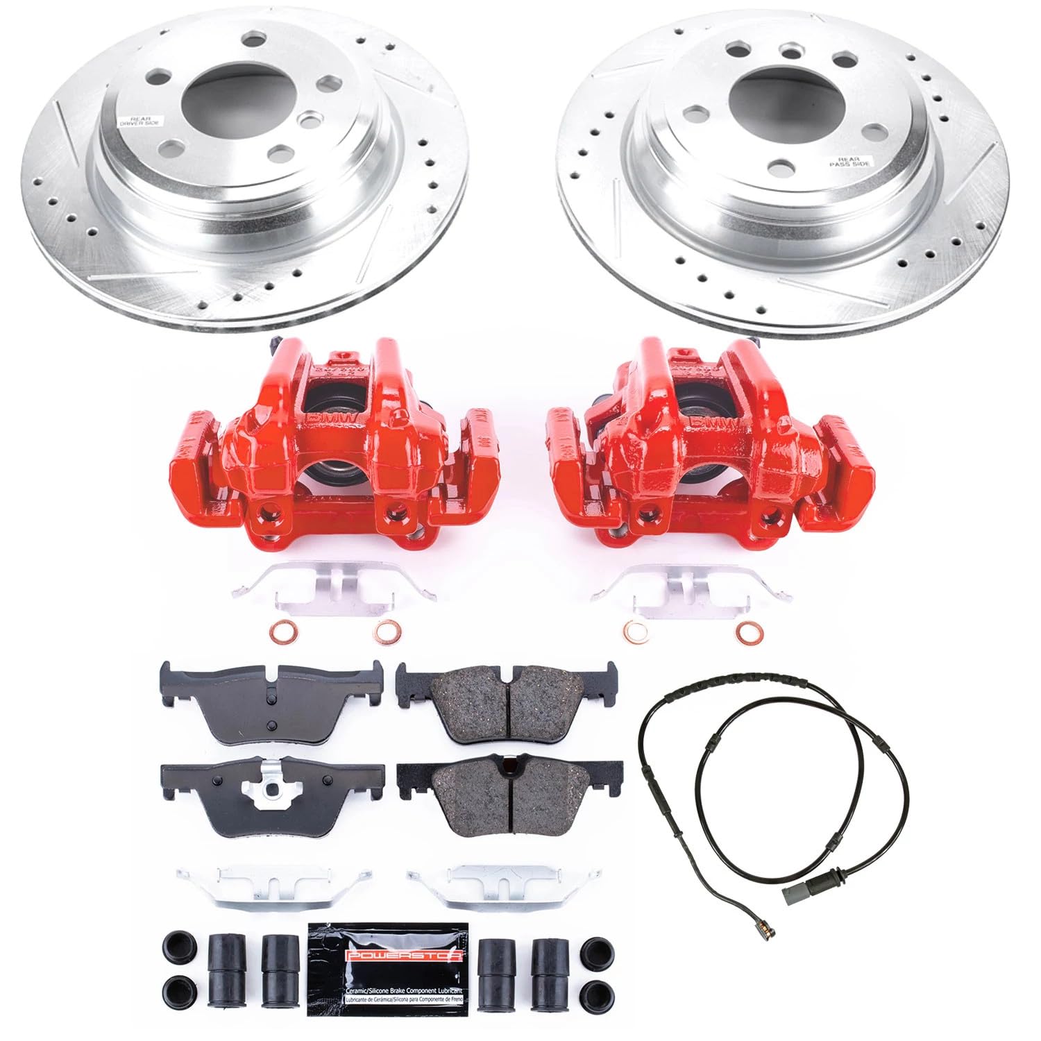 Power Stop Z23 Evolution KC6852 Rear Brake Caliper Kit-Brake Rotors, Carbon-Fiber Ceramic Brake Pads, Calipers and 1 Rear Sensor Wire