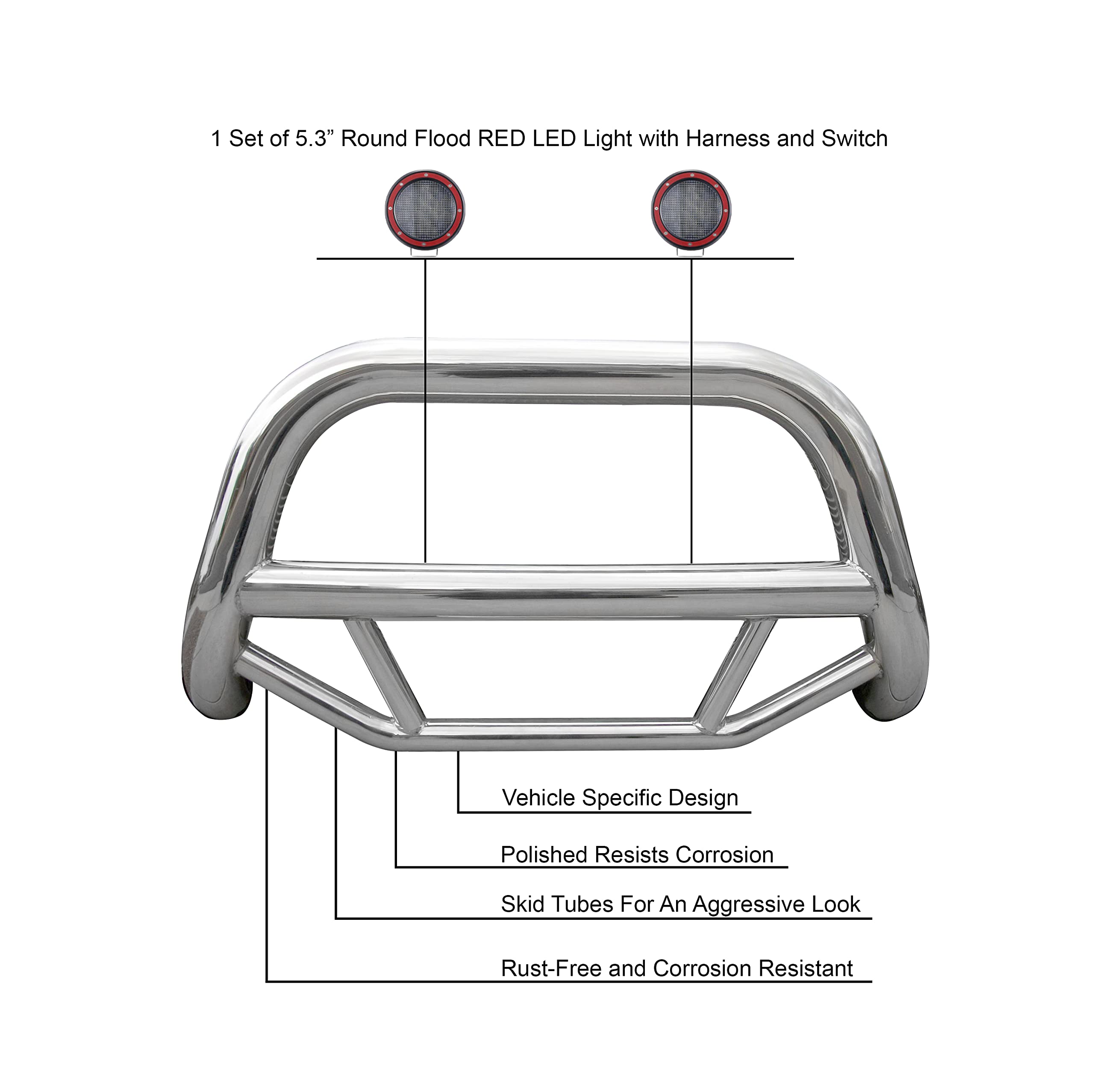 Max Bull Bar Black Horse Incl. Pair of 5.3" Dia.LED Lights w/Red Trim Rings No Skid Plate Stainless Steel Compatible with 05-21 Nissan Frontier|05-07 Nissan Pathfinder|05-15 Nissan Xterra