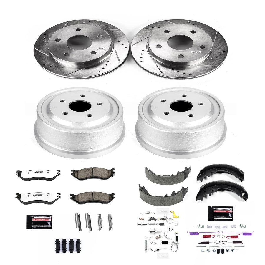 Power Stop Brake Kit Front and Rear For 2000 2001 Dodge Ram 1500 - Truck & Tow Carbon Fiber Ceramic Pads, Drums, & Drilled and Slotted Rotors Replacement, K15166DK-36