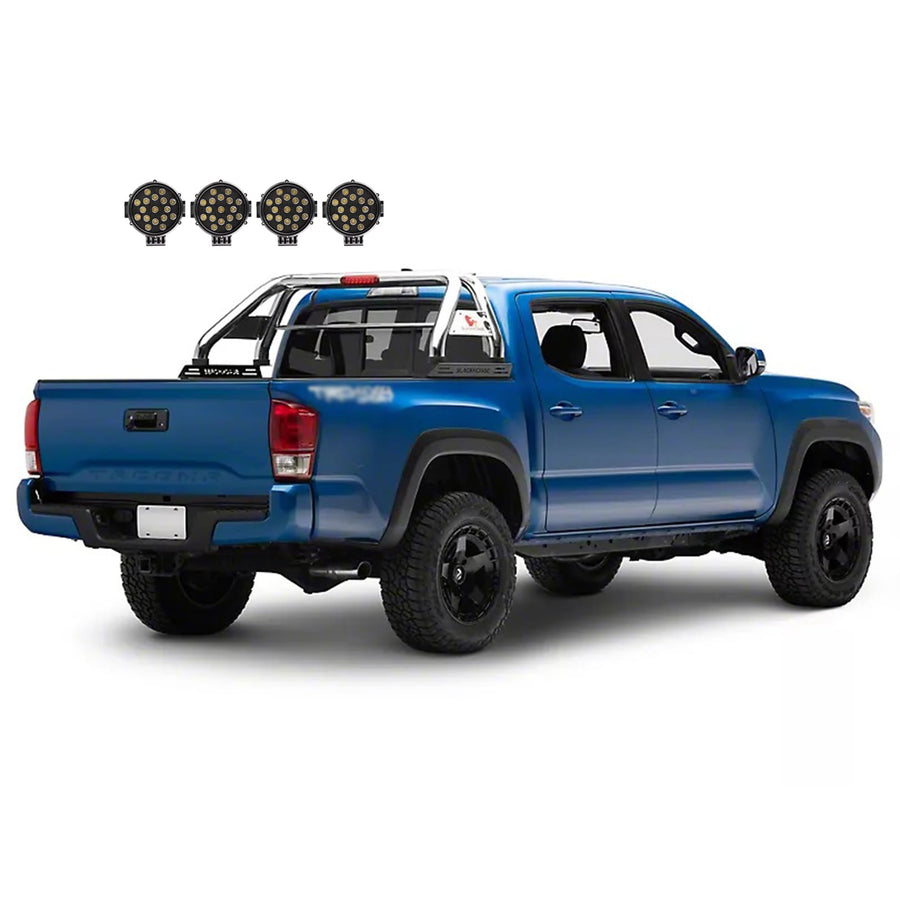 Classic Black Horse Roll Bar incl. Pair of 7.0" Dia. LED Lights w/Black Trim Rings Stainless Steel Compatible with 2015-2022 GMC Canyon|2015-2022 Chevrolet Colorado-RB005SS-PLB