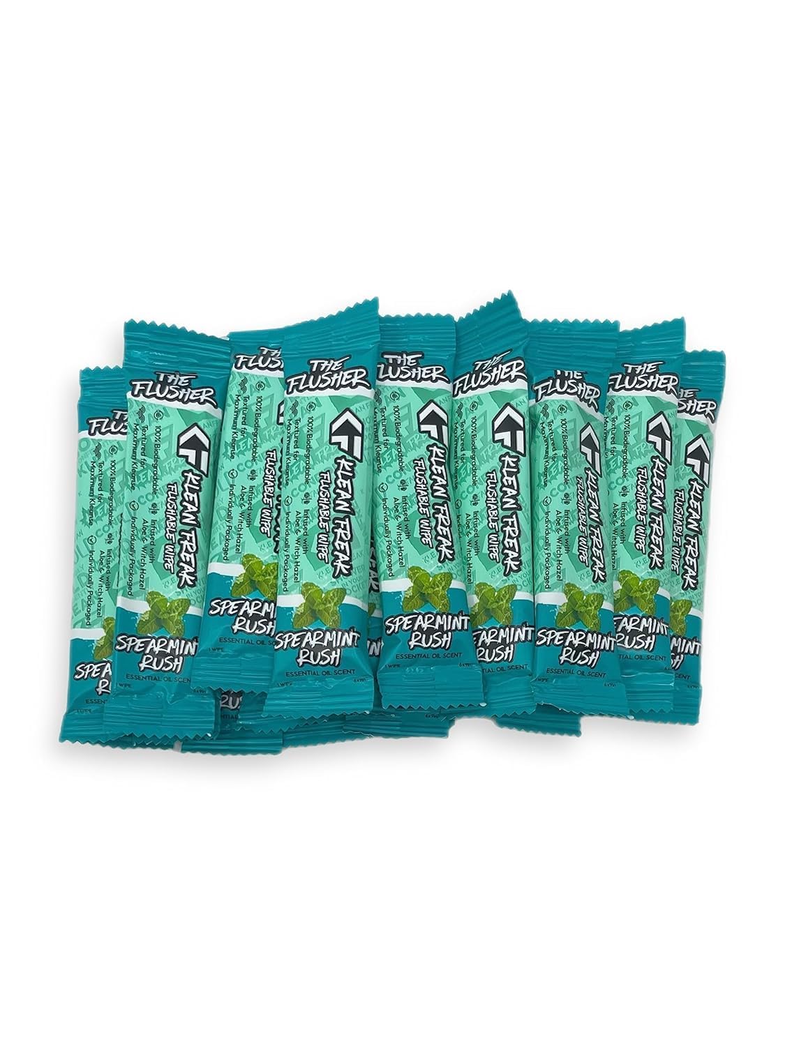 FLUSHER THE KLEAN FREAK - Flushable Wipes For Adults & Kids - 100% BIODEGRADABLE Individual Wrapped Travel WET Wipe for Toilet - Soothing Aloe & Witch Hazel - Alcohol Free 20 Pack - Spearmint Rush
