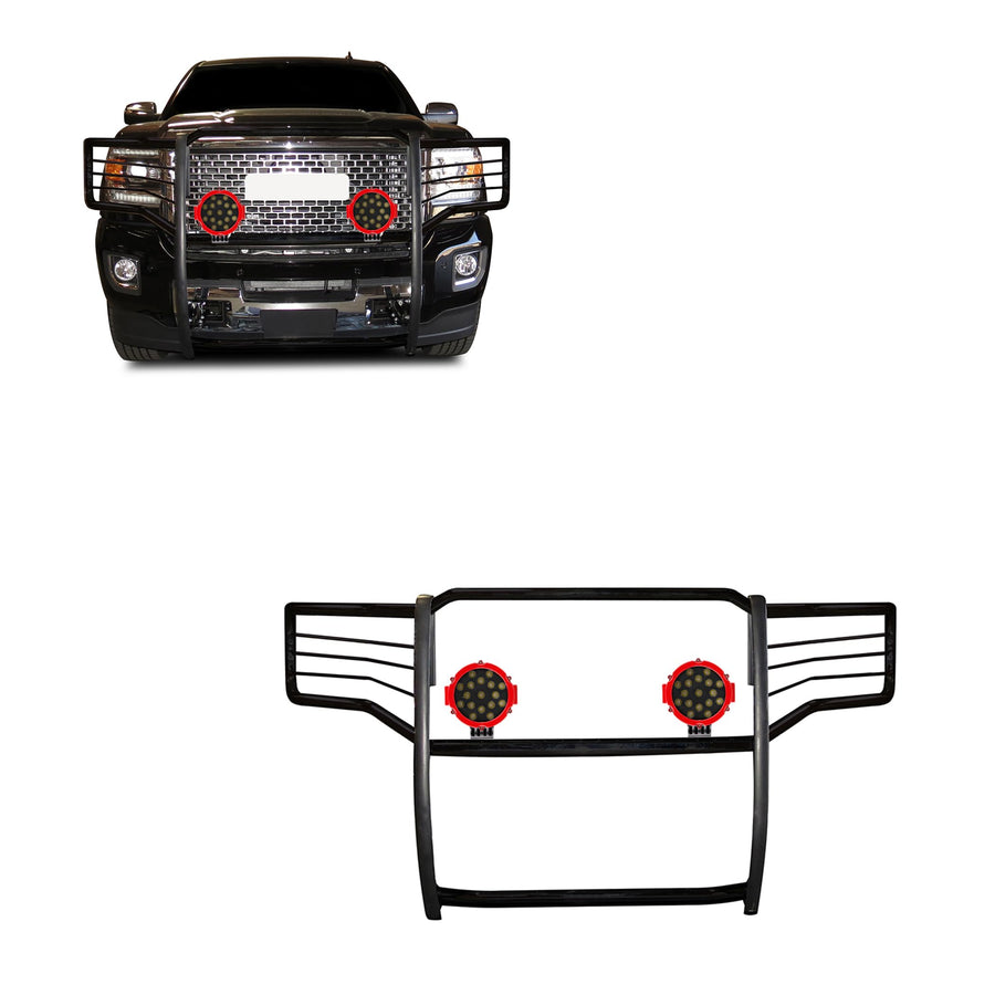 Bumper Guard Black Horse Grille brush Modular Come With pair of 7.0"Dia.LED Lights with Red Trim Rings Compatible with 2015-2019 GMC Sierra 2500 HD|2015-2019 GMC Sierra 3500 HD-17GS14MA-PLR