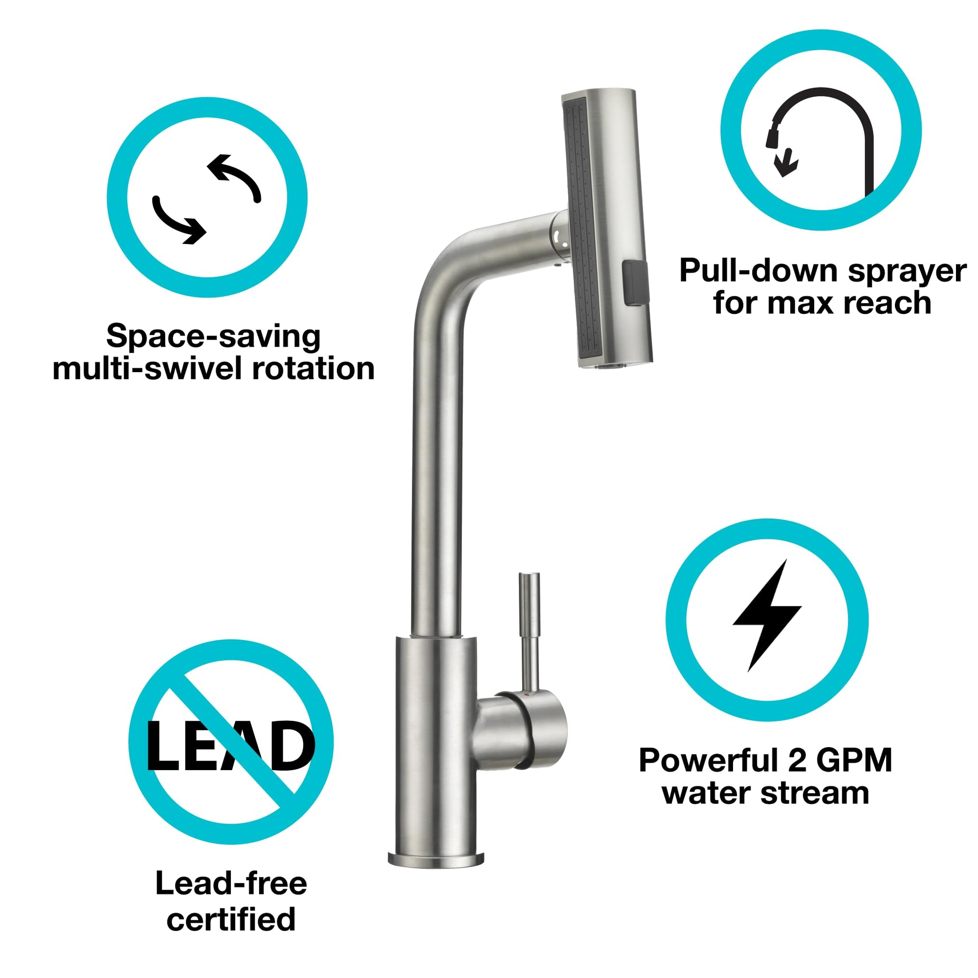 Dura Faucet Rainfall (DF-MK511X-SN) RV Kitchen Faucet – Satin Nickel, Dual-Mode Rotating Spray Head (Wide Waterfall & Stream), Single Lever Handle, Lead-Free, Easy Install Compact Sink Faucet