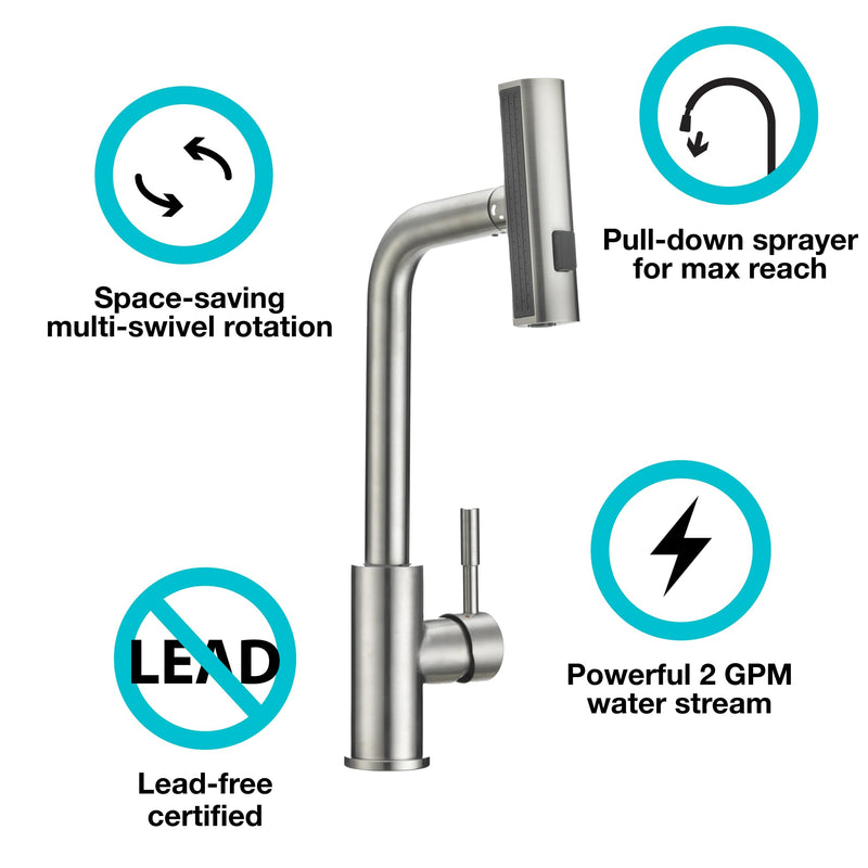 Dura Faucet Rainfall (DF-MK511X-SN) RV Kitchen Faucet – Satin Nickel, Dual-Mode Rotating Spray Head (Wide Waterfall & Stream), Single Lever Handle, Lead-Free, Easy Install Compact Sink Faucet