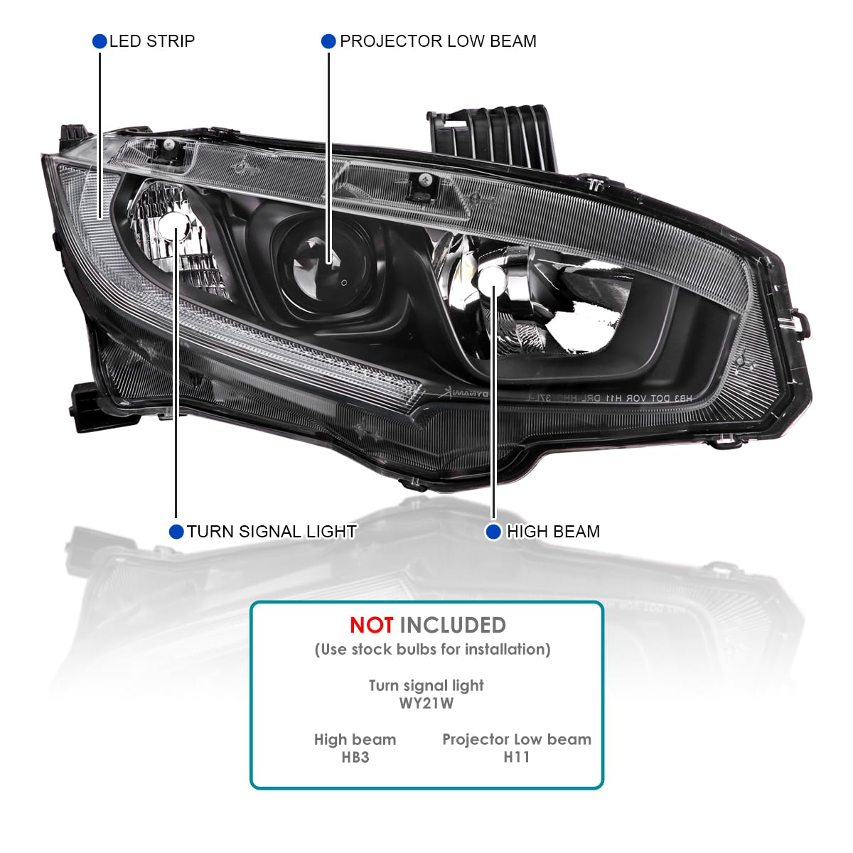 Honda Civic SPEC-D TUNING Headlight OE Halogen/Model ONLY-BLK HOUSING CLR Lens