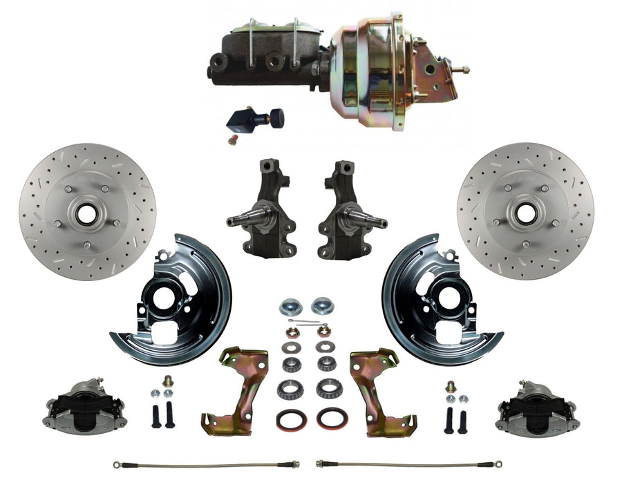 Power Front Disc Brake Conversion Kit LEED BRAKES 2" Drop Spindle Cross Drilled And Slotted Rotors With 8" Dual Zinc Booster Cast Iron M/C Adjustable Proportioning Valve