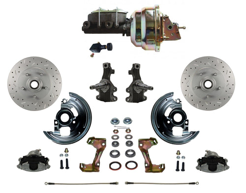 Power Front Disc Brake Conversion Kit LEED BRAKES 2" Drop Spindle Cross Drilled And Slotted Rotors With 8" Dual Zinc Booster Cast Iron M/C Adjustable Proportioning Valve
