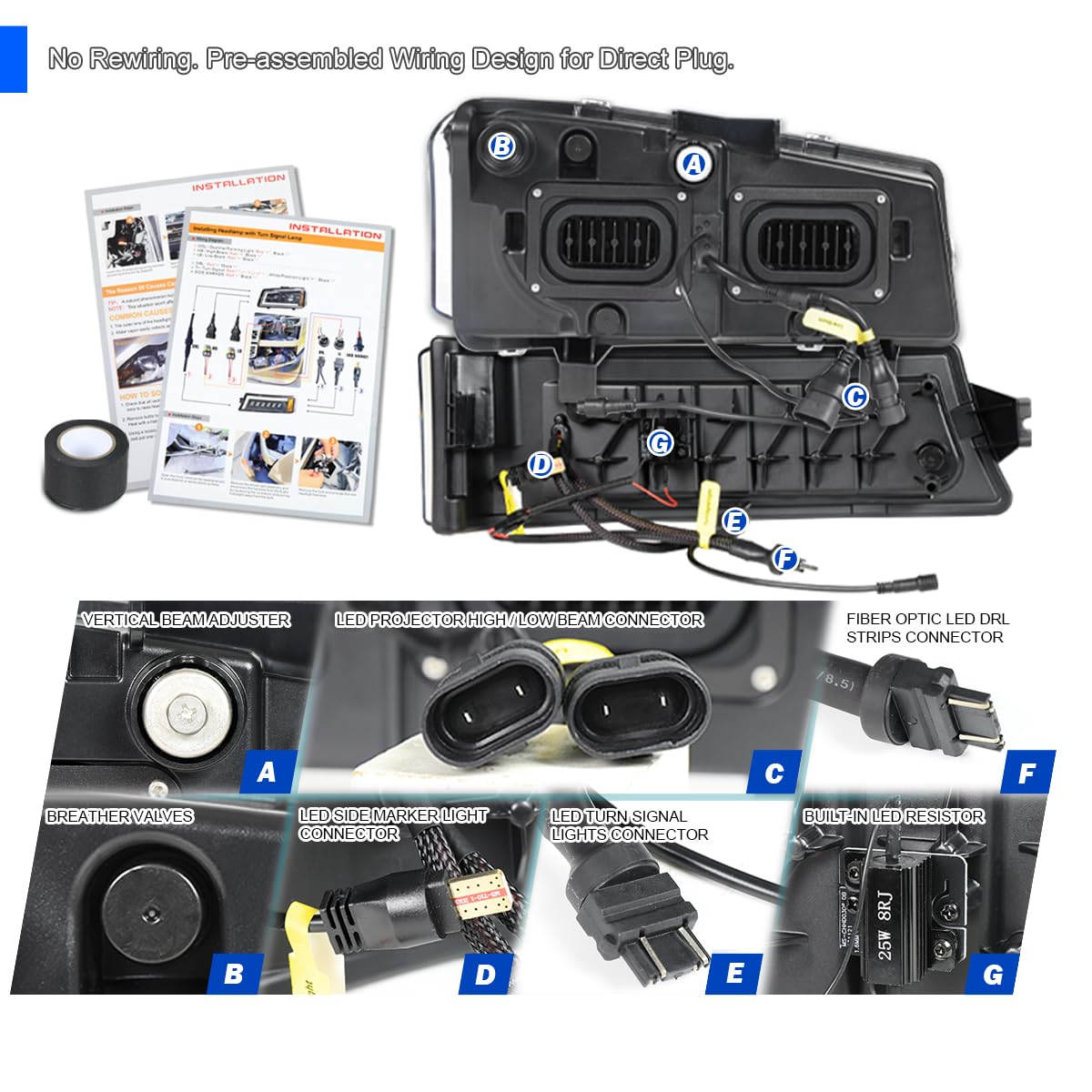 Full LED Jet Black Projector Headlights and Bumper Lights SPEC-D TUNING Compatible with 2003-2007 Chevy Silverado, 2002-2006 Chevy Avalanche, Left + Right Pair Headlamps Assembly