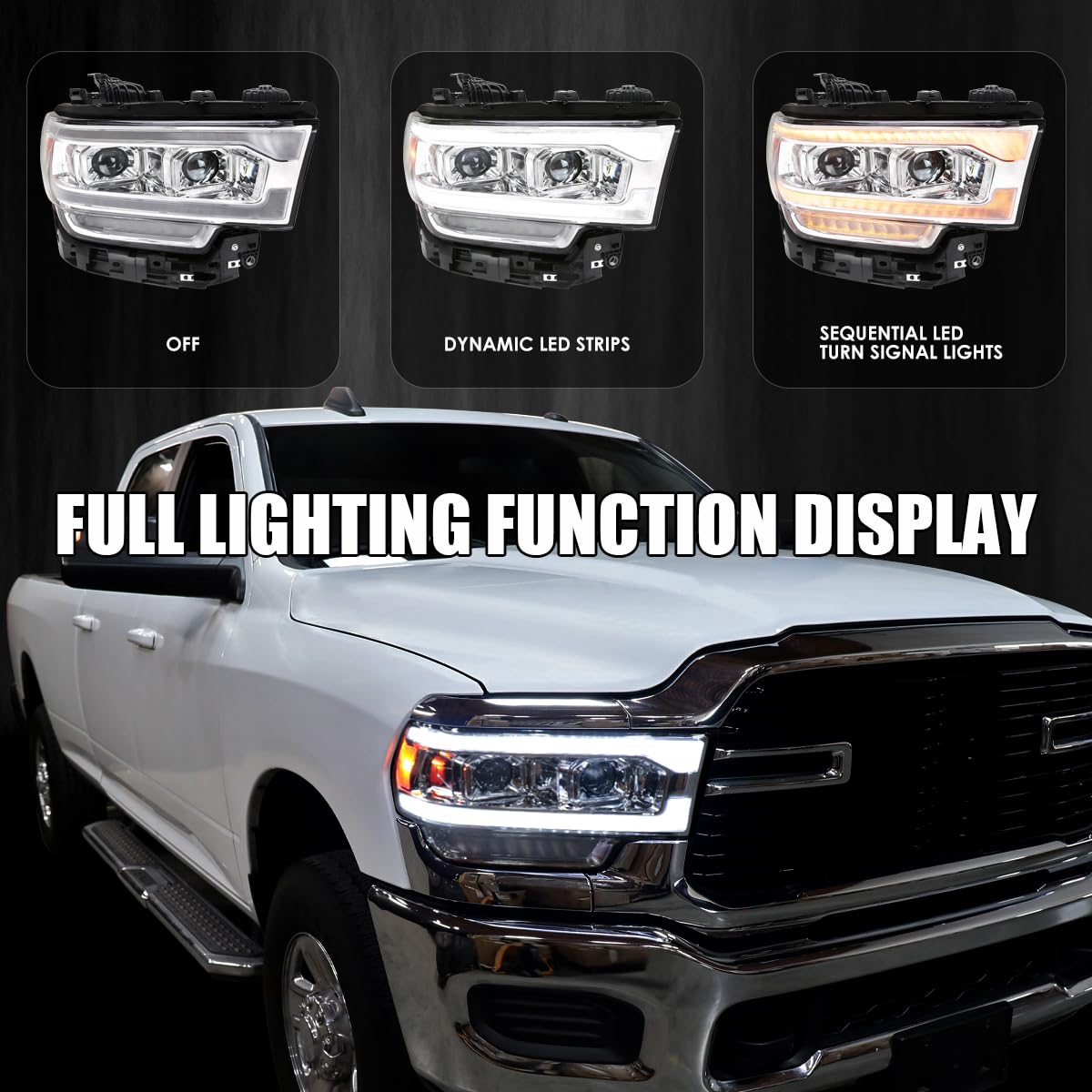 Dual Projector Headlights SPEC-D TUNING w/Sequential LED Turn Signal and Startup Animation Compatible with 2019-2024 Dodge Ram 2500, 3500, 4500, Left + Right Pair Headlamps Assembly