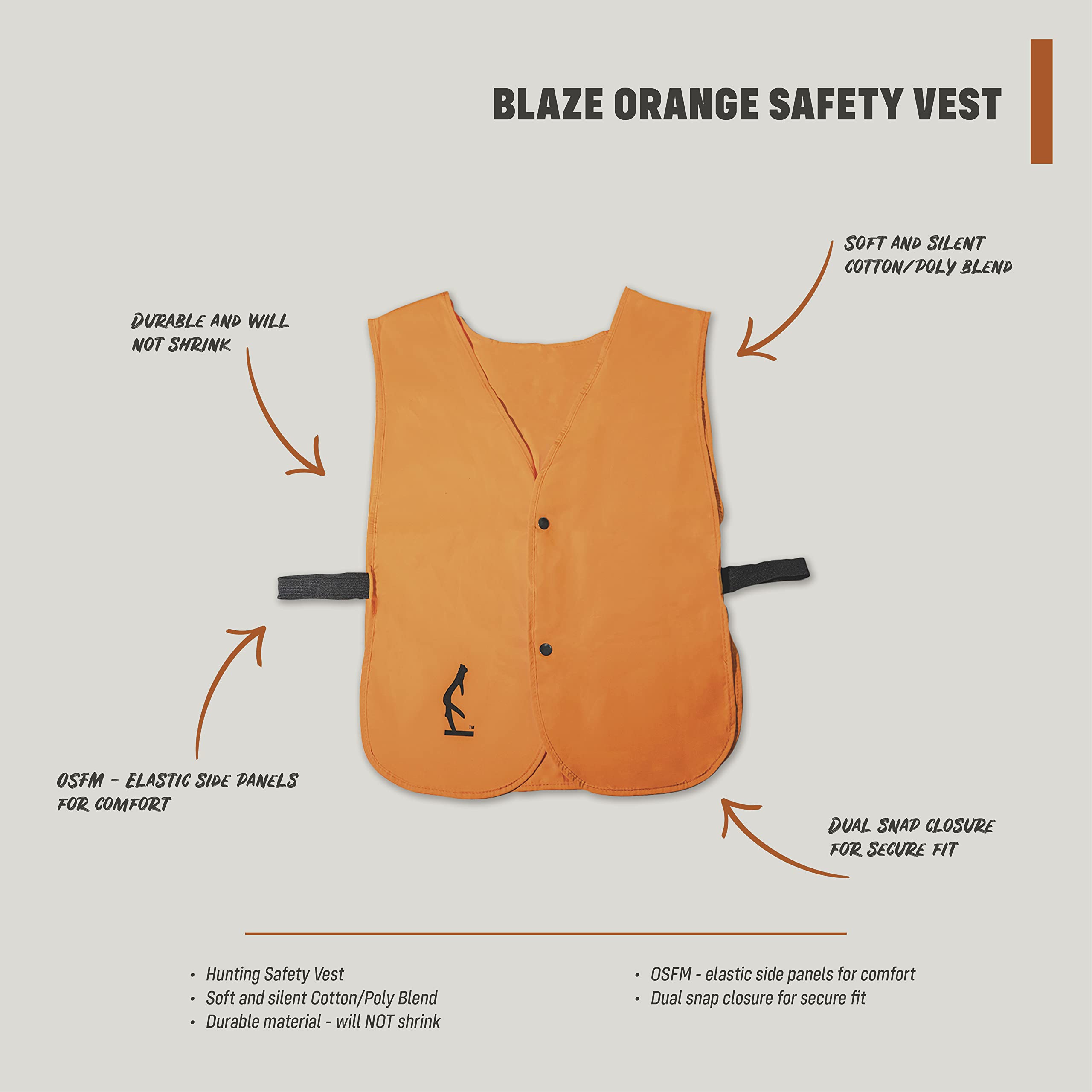 Hunter Half Rack Blaze Orange Hunting Vest - Soft & Silent Cotton/Poly Blend Hunting Safety Vest - w/Elastic Side Panels for Comfort - Dual Snap Hunting Vest for Men - Hand Washable - Hunters Orange