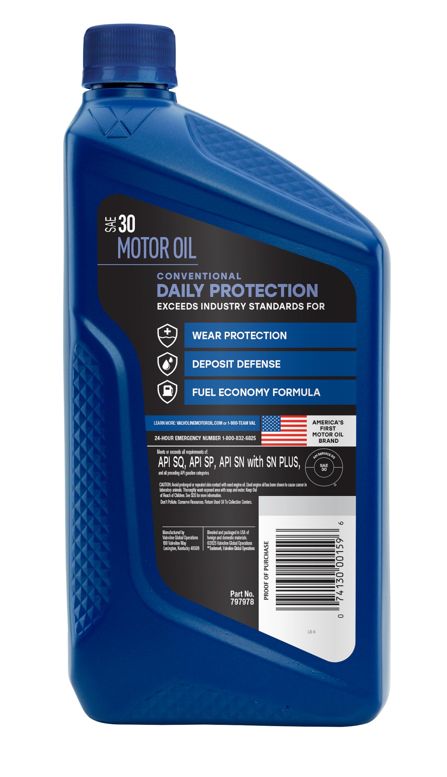 SAE 30 Valvoline Daily Protection Conventional Motor Oil 1 QT, Case of 6