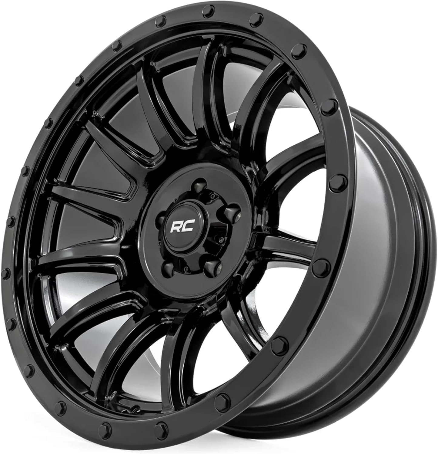20x10 Rough Country 90 Series Wheel - 6x5.5" Bolt Pattern, 19mm Offset, One Piece Aluminum Rim, Gloss Black Finish with Machined 12-Spoke Design for Trucks, Jeeps, Off-Road