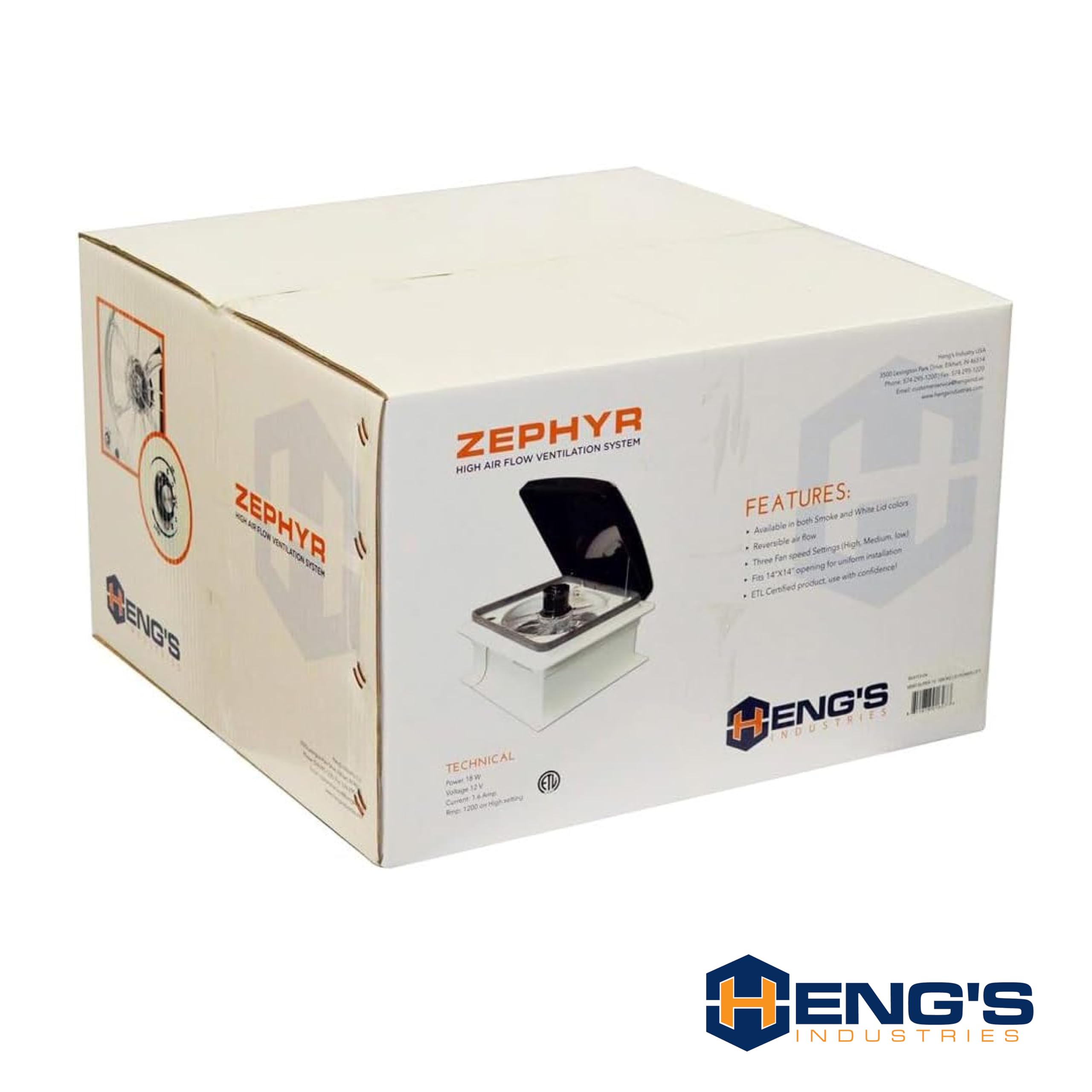 Zephyr HENG'S INDUSTRIES RV 14" Roof Vent Fan | Smoke Lid | Remote Powered | White Screen Frame, Collar, & 6" Square Garnish | SV4113-G4/74113V-G4