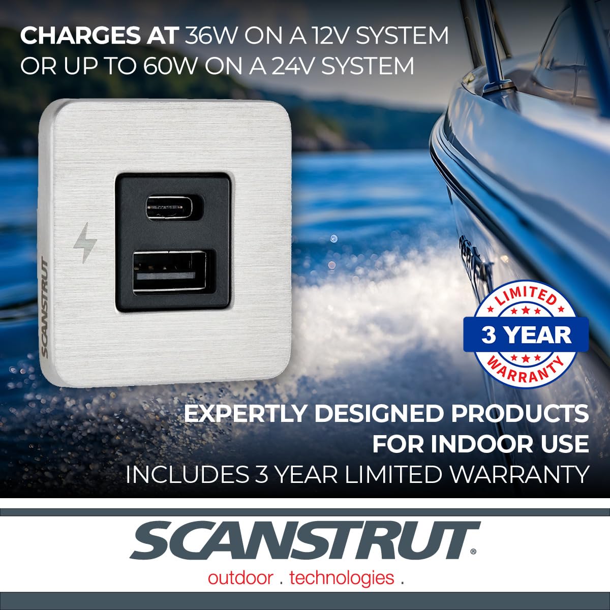 Scanstrut USB-A & USB-C SC-TILE-11 Interior Charging Socket, 12/24V Ultra-Low Profile Fast Charger, Brushed Stainless Steel Bezel, Flush-Mount USB Charger for Boats, RVs & Vehicles
