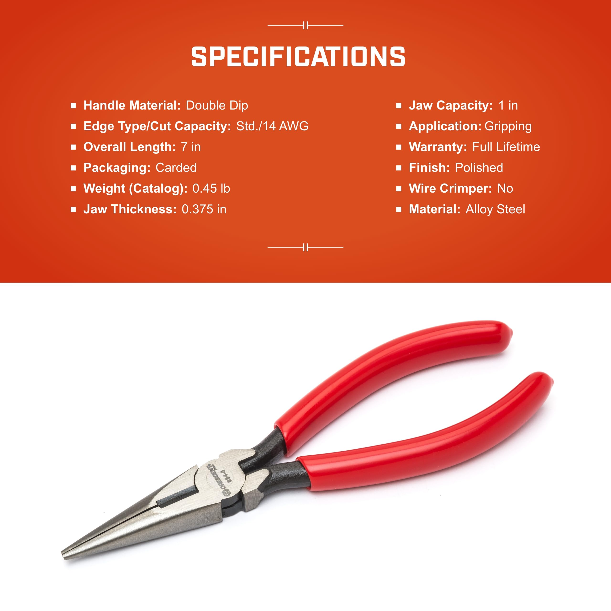 Crescent 7-1/2" Long Cutting Nose Chain Pliers - Needle-Nose Pliers for Bending, Gripping, Cutting & Twisting - Long Reach - Serrated Jaws & Cushioned Grips - 6547CVN