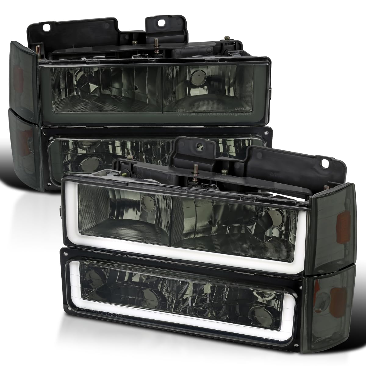 Smoke LED Tube Headlights + Bumper Lights + Corner Lights SPEC-D TUNING Compatible with 1988-1993 Chevy GMC C10 C/K Suburban, Left + Right Pair Headlamps Assembly