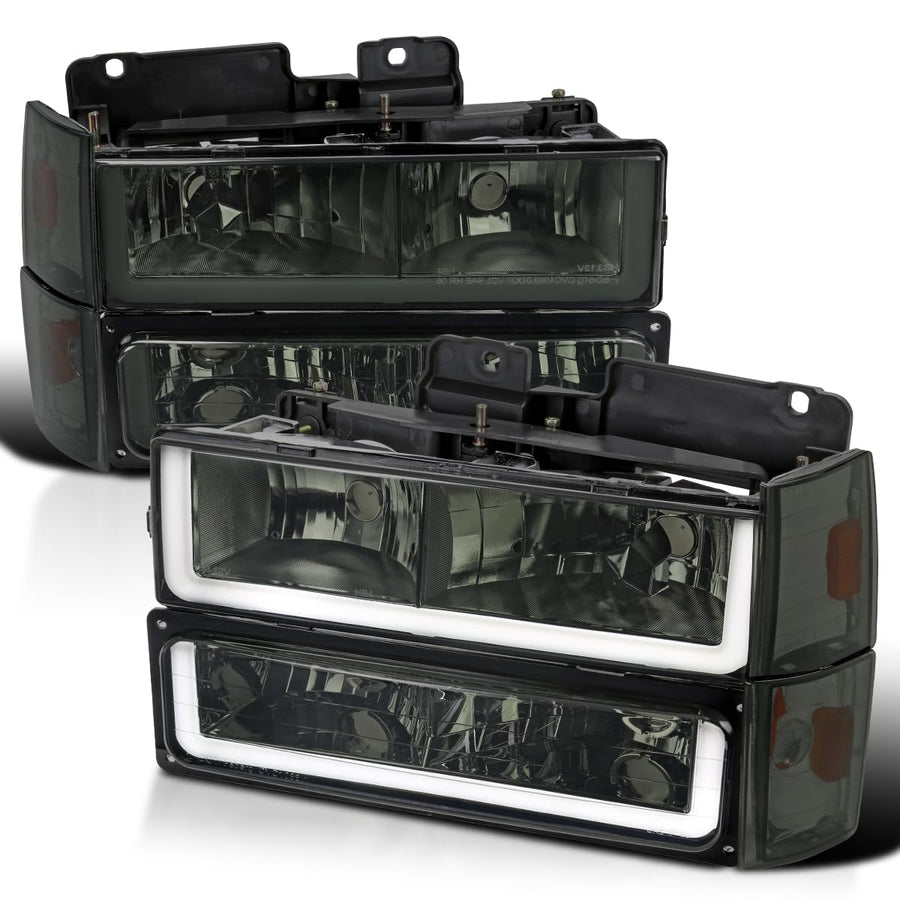 Smoke LED Tube Headlights + Bumper Lights + Corner Lights SPEC-D TUNING Compatible with 1988-1993 Chevy GMC C10 C/K Suburban, Left + Right Pair Headlamps Assembly