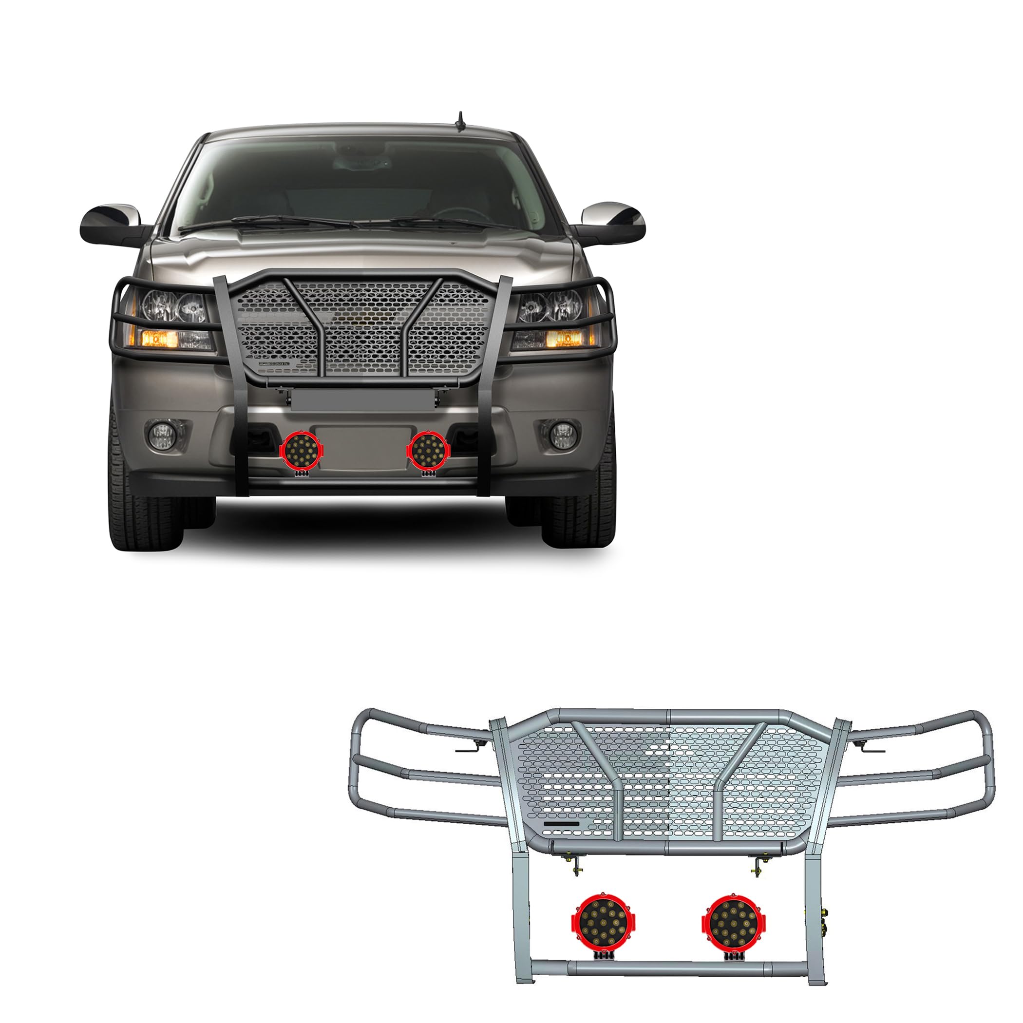Heavy Duty Black Horse Rugged Grille Brush Bumper Guard Modular Black Come with Pair of 7.0" LED Lights Compatible with 2007-2014 Tahoe/Suburban 1500|2007-2013 Avalanche-RU-CHTA07-B-PLR
