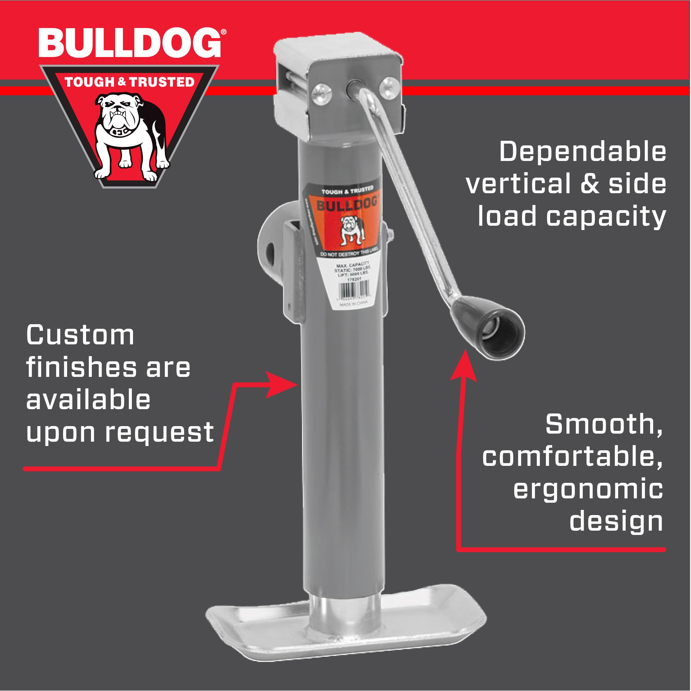 Round Bulldog Trailer Jack, Side Mount, 5,000 lbs. Lift Capacity, Sidewind, Weld-On, 10 Inch Travel