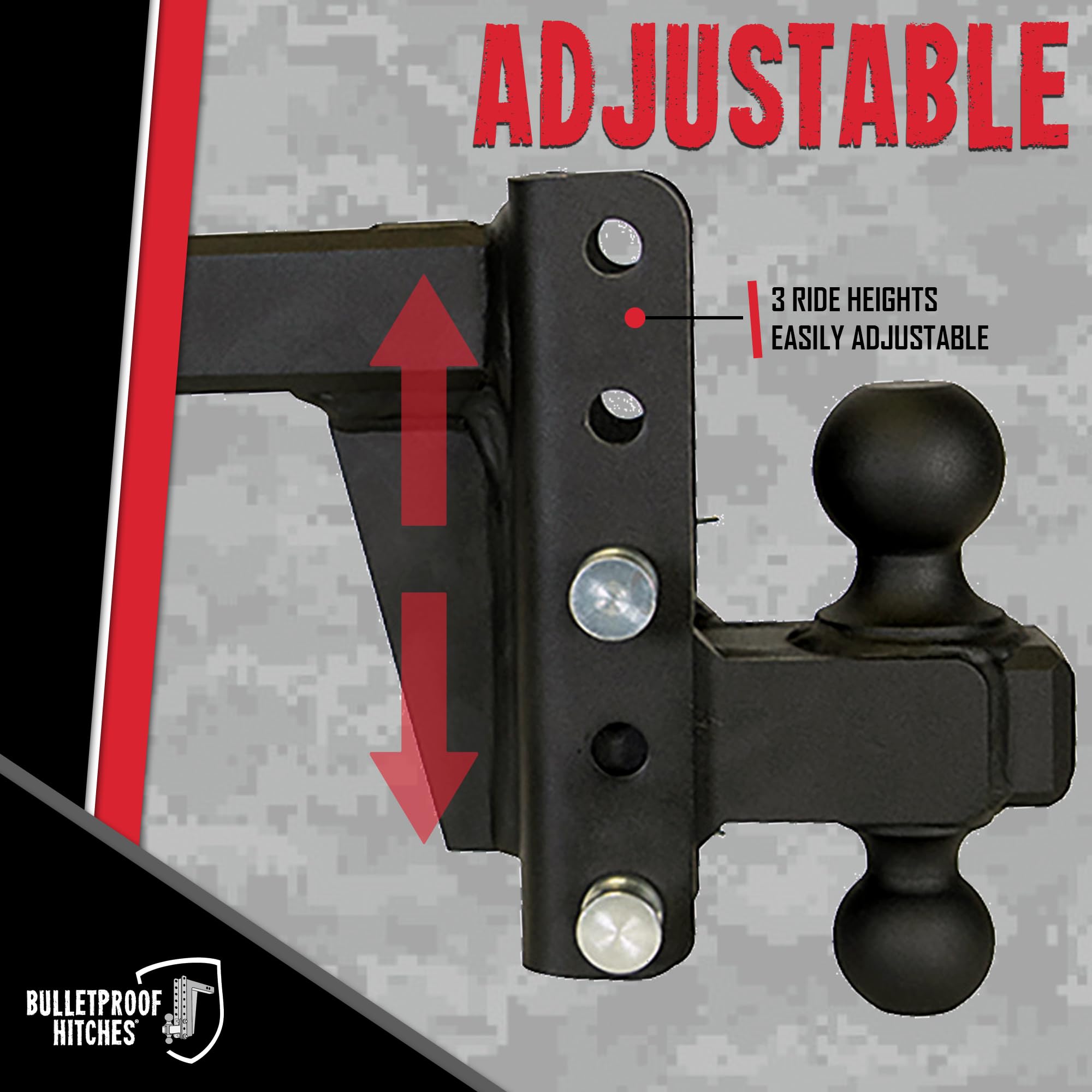 2.0" BulletProof Hitches Adjustable Extreme Duty Trailer Hitch (30,000 lb. Rating) - 4" Drop/Rise with 2" and 2 5/16" Dual Ball - Powder Coat, Solid Steel, Corrosion-Resistant
