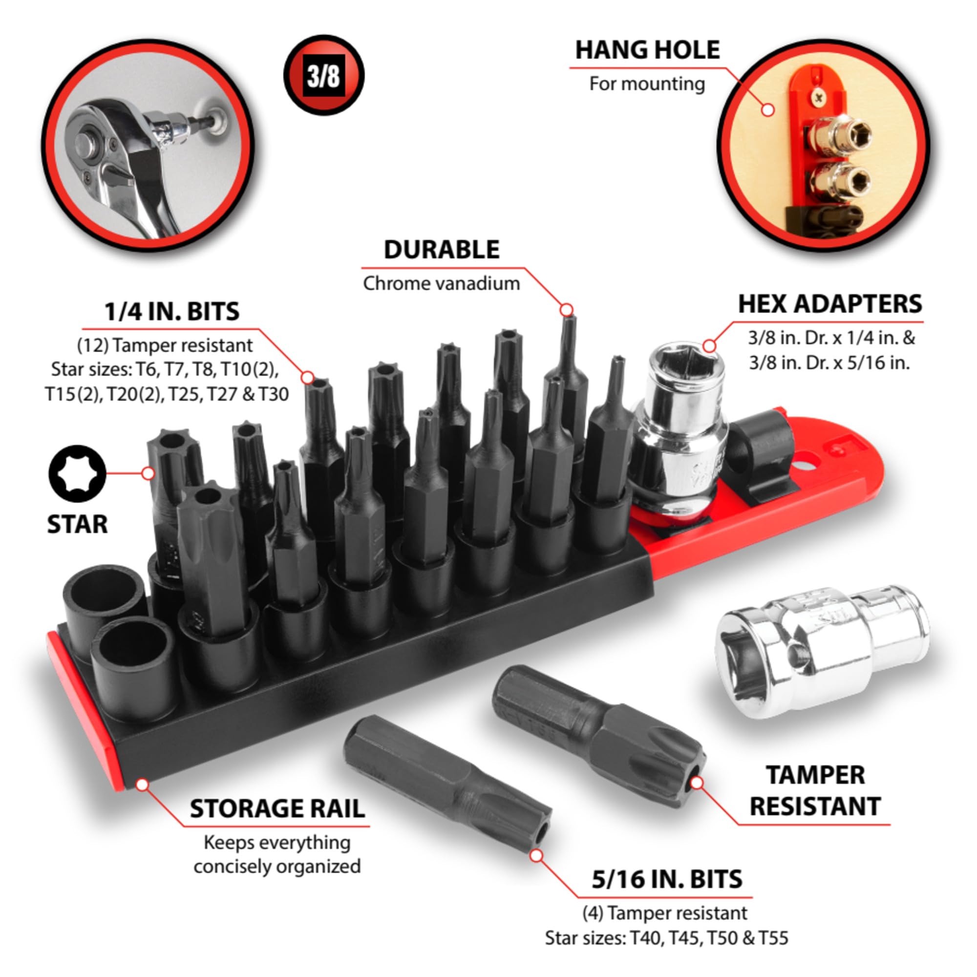 W1383 Performance Tool 16-Piece Tamper Resistant Star Bit Socket Set - Chrome Vanadium Alloy Steel with Bonus Storage Rail Included