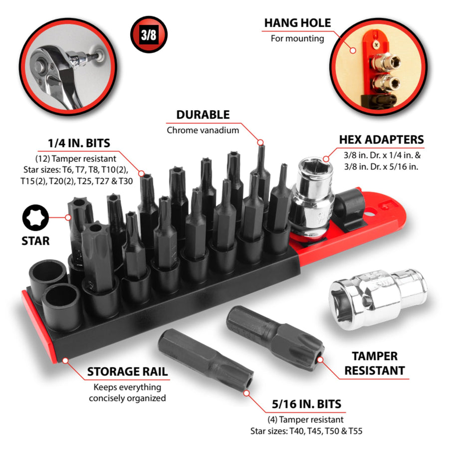 W1383 Performance Tool 16-Piece Tamper Resistant Star Bit Socket Set - Chrome Vanadium Alloy Steel with Bonus Storage Rail Included