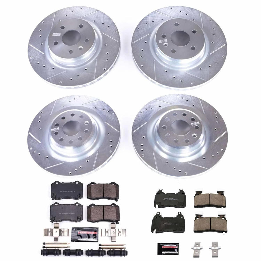 Power Stop K6797 Z23 Carbon Fiber Brake Pads Front and Rear with Drilled & Slotted Brake Rotors Kit For Tesla S 2012-2021 | Tesla X 2016-2021 [Vehicle Specific]