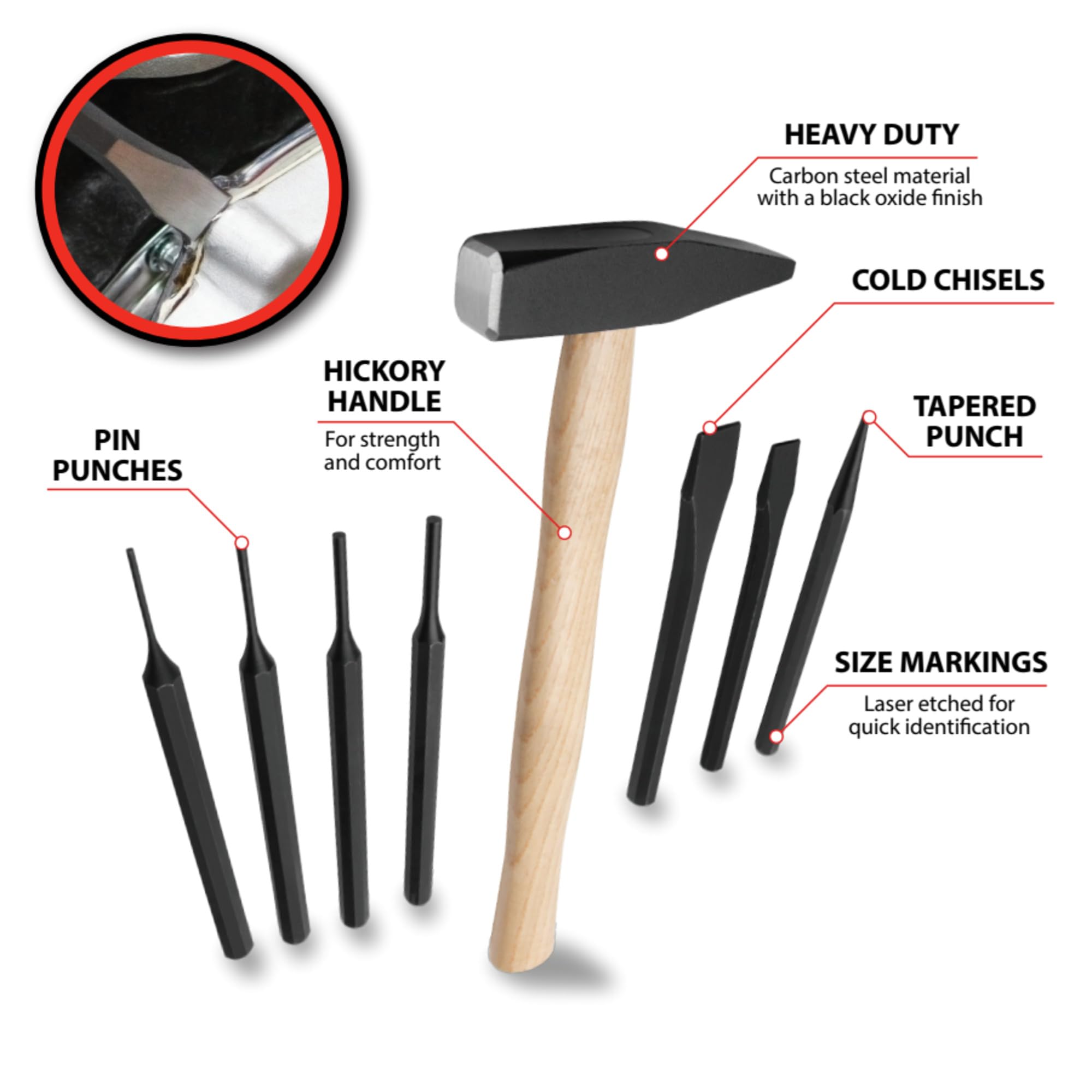 8 Pc. Hammer and Punch Set Performance Tool M7046 - Includes Machinist's Hammer, Pin Punch, Tapered Punch, Carbon Steel, Black