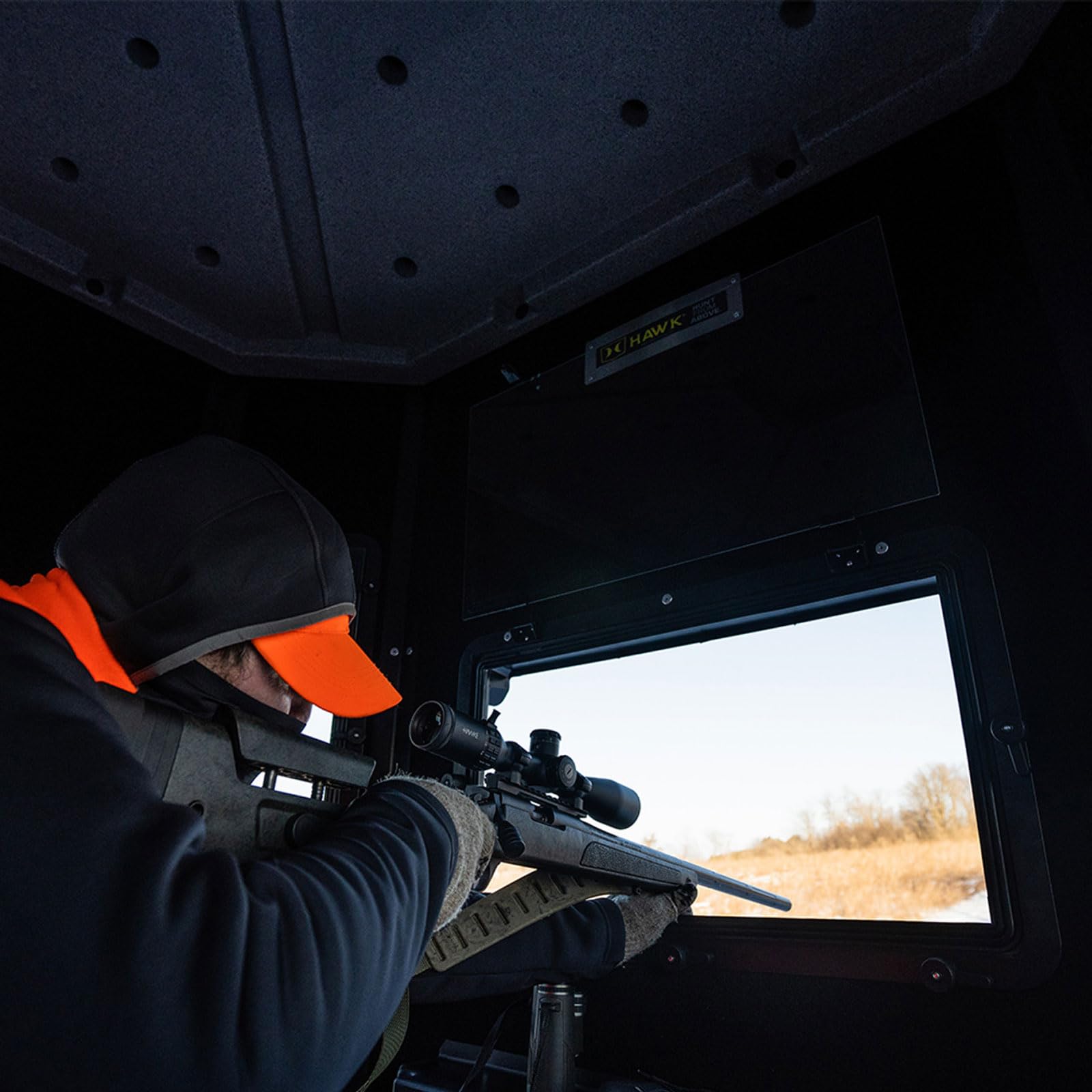 Hawk 87" W x 69" D x 78" T Compound Hunting Assembled Insulated Steel Box Blind | Floor with Rubber Pad and Multiple One-Hand-Operable Windows | Blind w/ 5ft Elite Tower