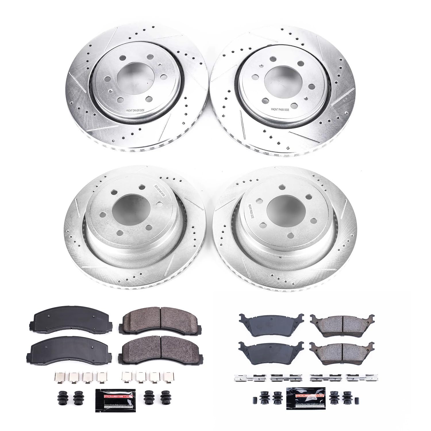 Brake Kit Power Stop For 2012-2017 Ford F-150 6 Lug [Model Specific], 2012-2018 Ford F-150 Raptor - Front and Rear Z23 Carbon Fiber Brake Pads with Drilled and Slotted Brake Rotors Replacement, K6268