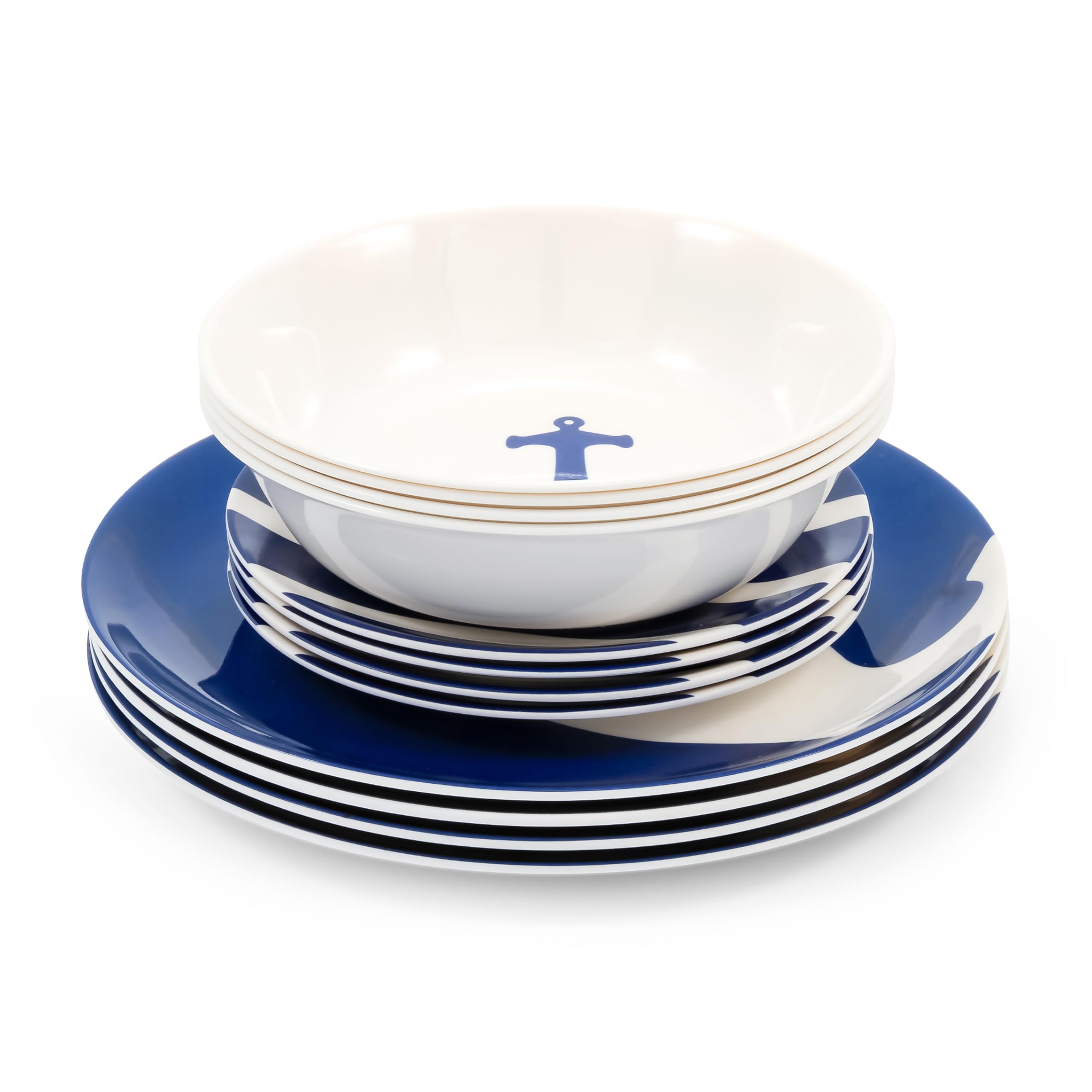 12 Piece Camco Melamine Dishware Set - Features Blue and White Nautical Design - Includes 4 Bowls, 4 Salad Plates, & $ Dinner Plates - Dishwasher Safe Dish Set (41951)