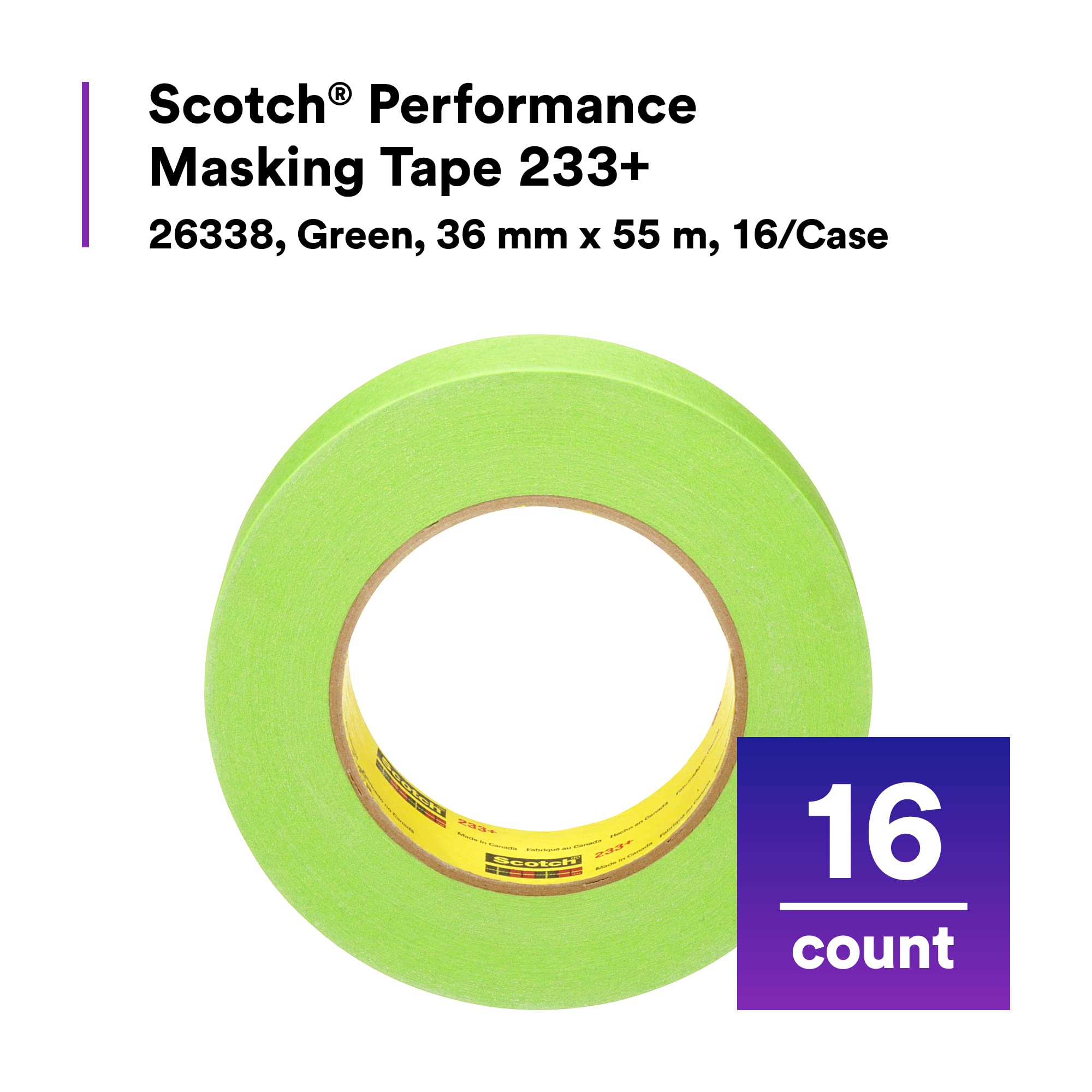 3M Scotch 233+ Performance Masking Tape 26338, 36 mm x 55 m​​, 1 Roll, Moisture Resistant, Flexible, Green Tape