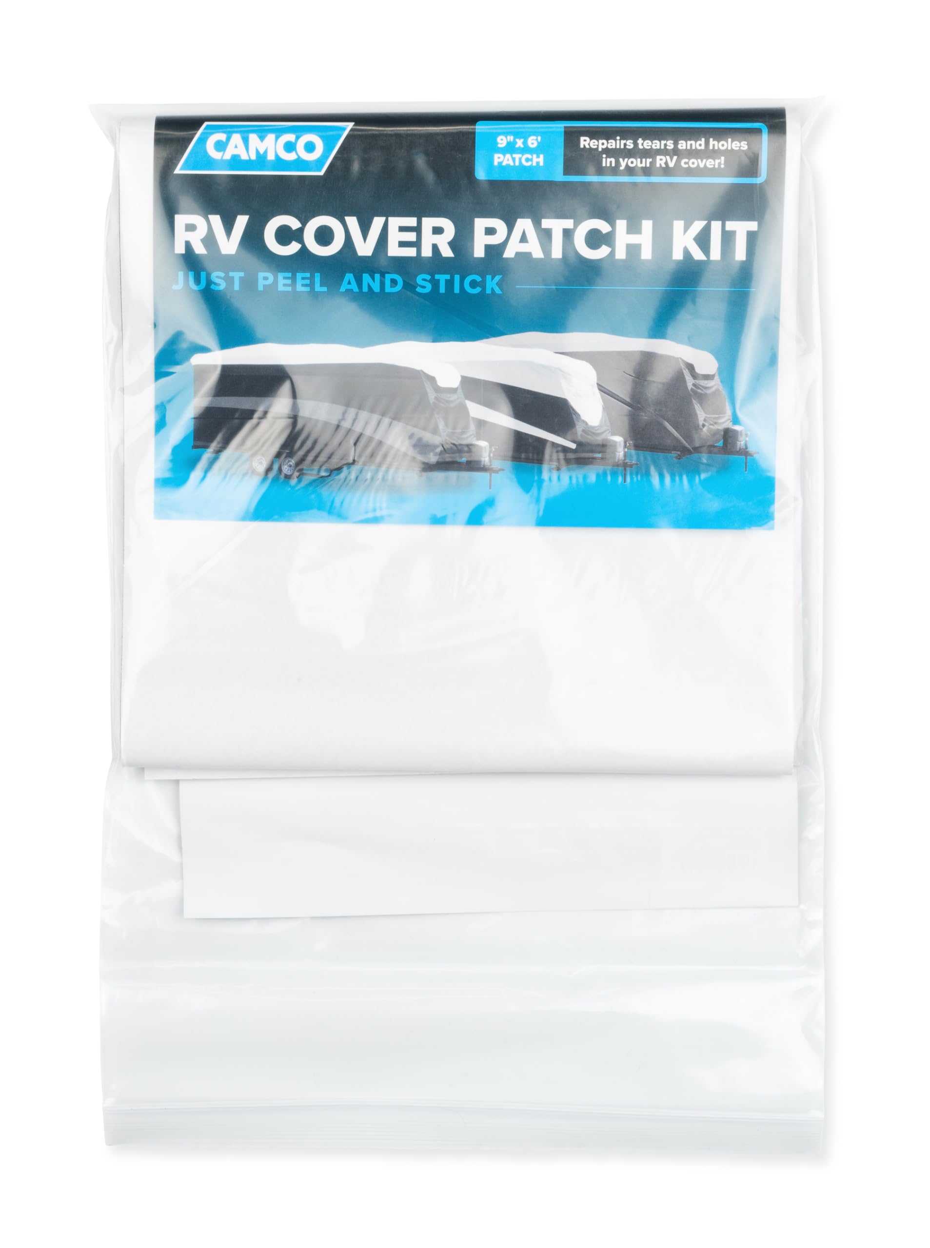Camco Patch Kit RV Cover - 9 in x 6 ft Patch with Adhesive Backing - Repairs Small Rips and Tears on The Side, Front, & Back Panels of UltraGUARD, UltraShield, & Pro-Shield RV Covers - Black (45995)