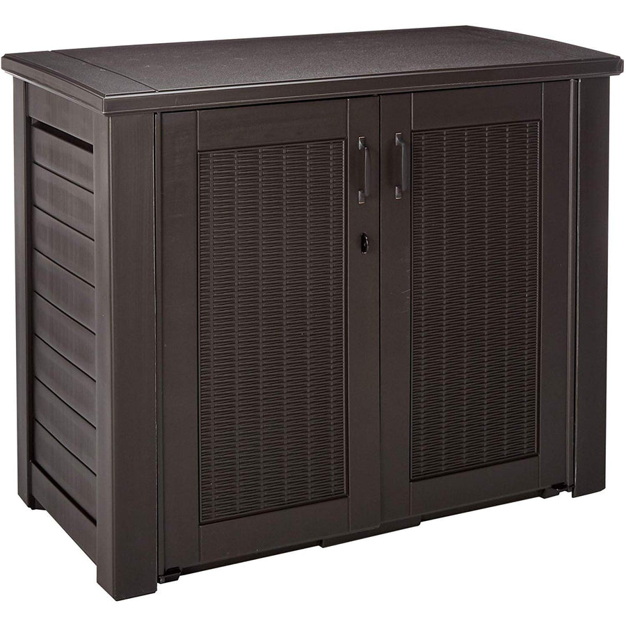 Rubbermaid Outdoor Decorative Storage Cabinet (123 Gal) Weather Resistant Dark Brown Organization for Home/Backyard/Pool Chemicals/Toys/Garden Tools/Porch/Patio Cushions