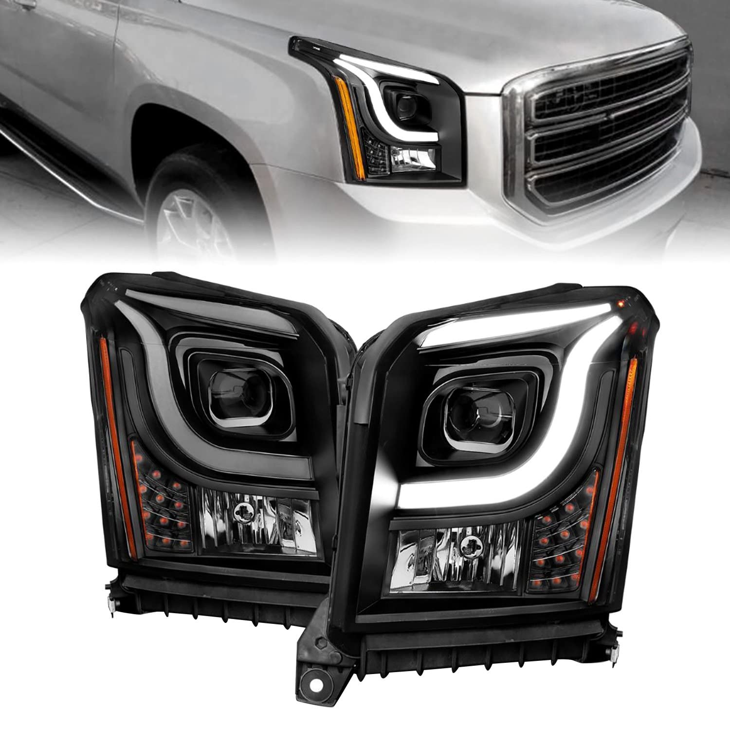 Anzo (111535) 15-17 GMC Yukon/Yukon XL Projector Headlights Clear Lens/Black Housing (w/Light Bars)