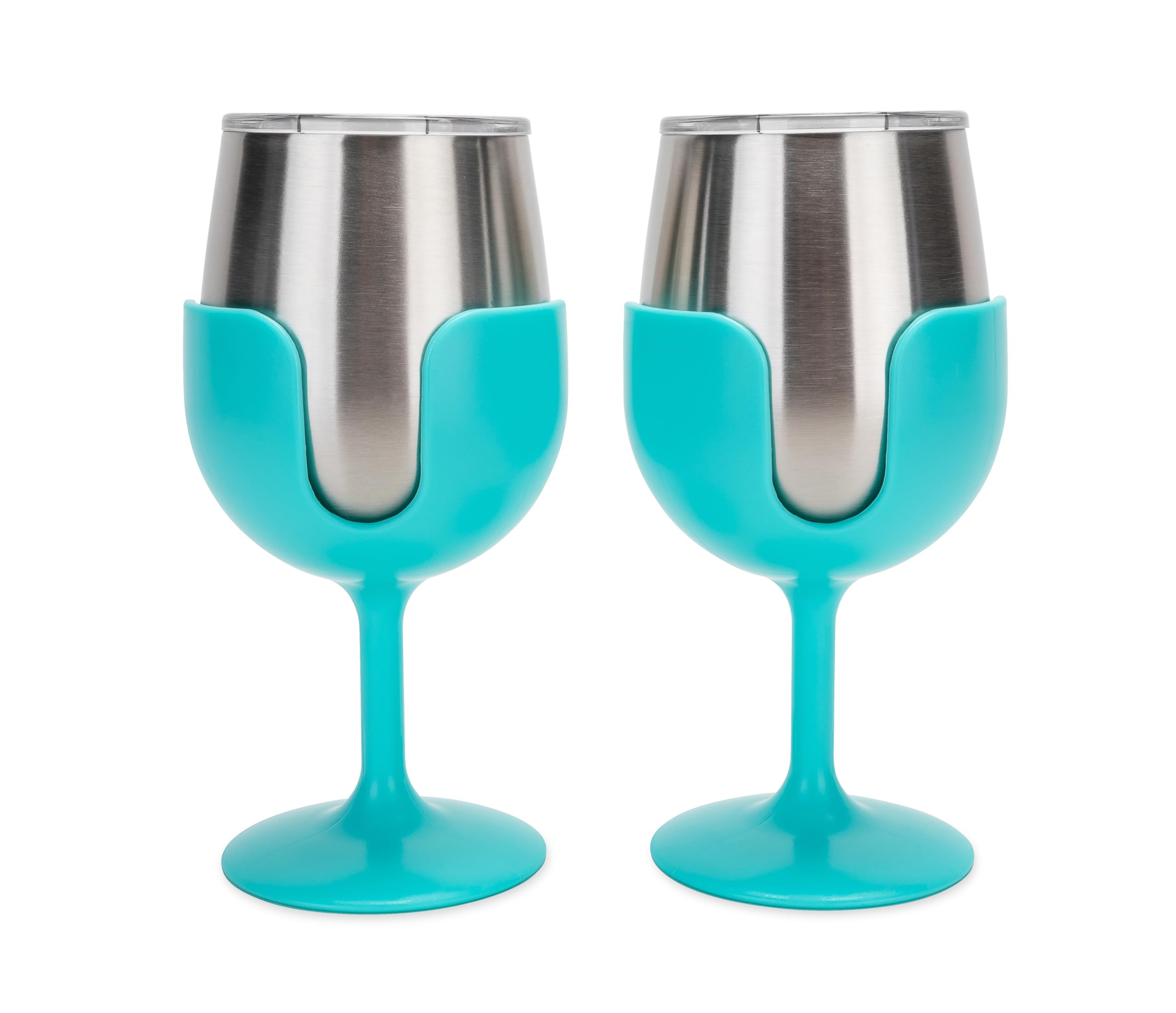 Camco Stainless Steel Wine Tumbler Life is Better at The Campsite 2-Pack - Features Heavy Duty Double Wall Vacuum Insulation & Removable Navy, Red, Green & Yellow Stems - Holds 8-oz Each - Blue(53484)