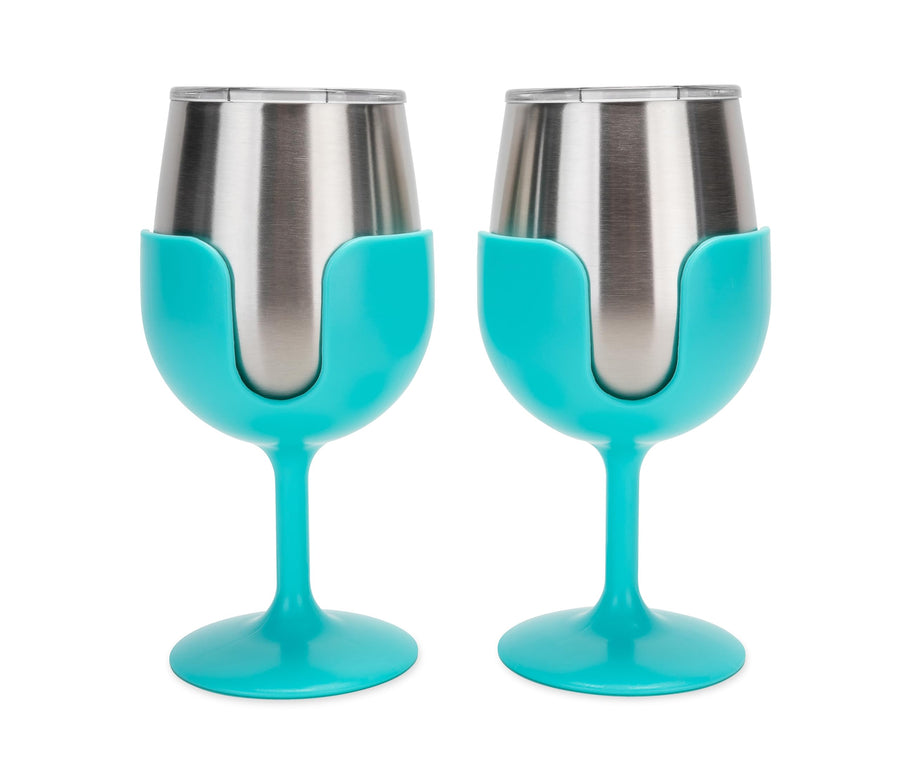 Camco Stainless Steel Wine Tumbler Life is Better at The Campsite 2-Pack - Features Heavy Duty Double Wall Vacuum Insulation & Removable Navy, Red, Green & Yellow Stems - Holds 8-oz Each - Blue(53484)